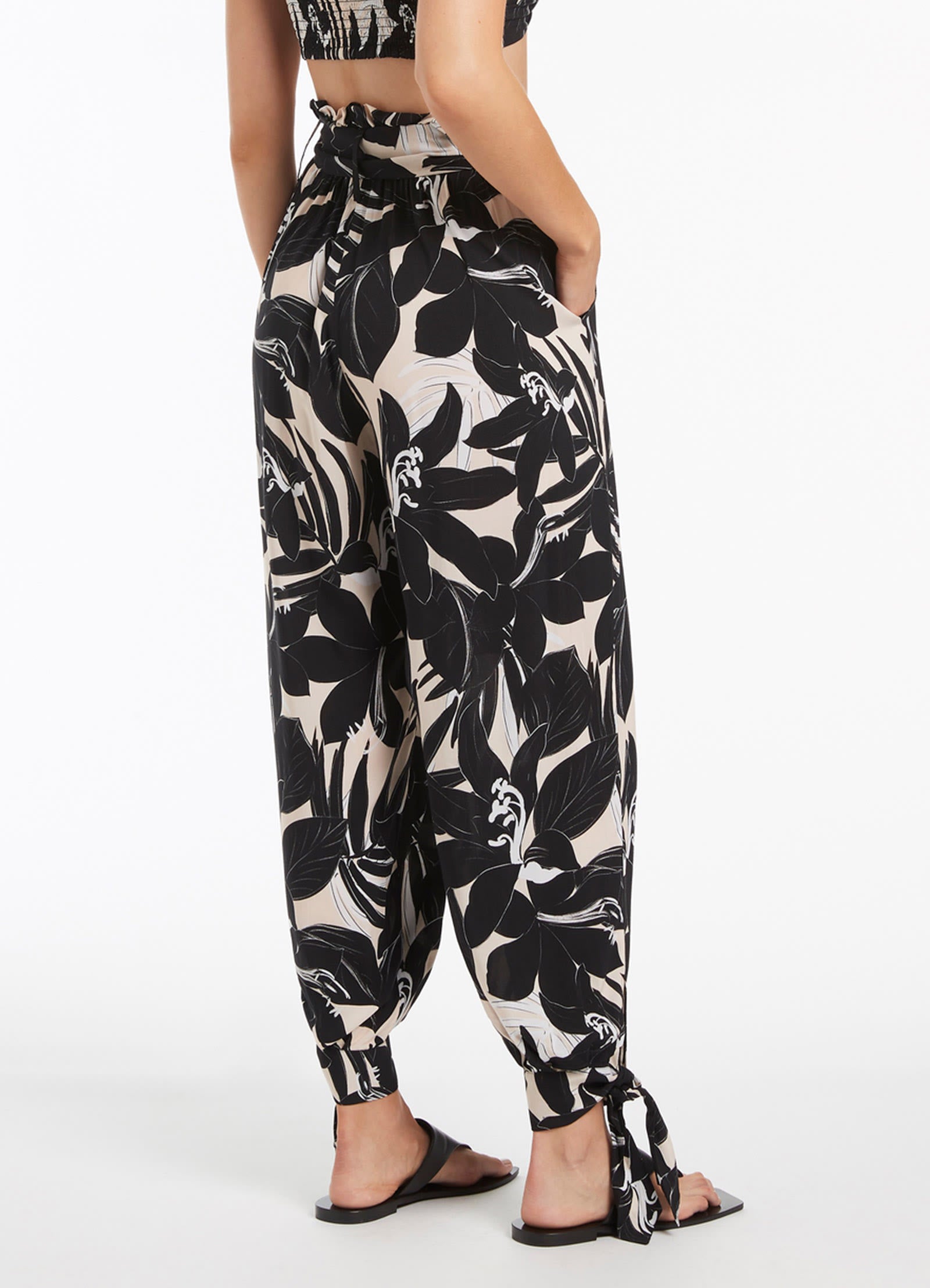 Floral Print Tie Cuff Pants for Women - Elegant Black Wide Leg Palazzo Trousers for Office, Party & Casual Wear