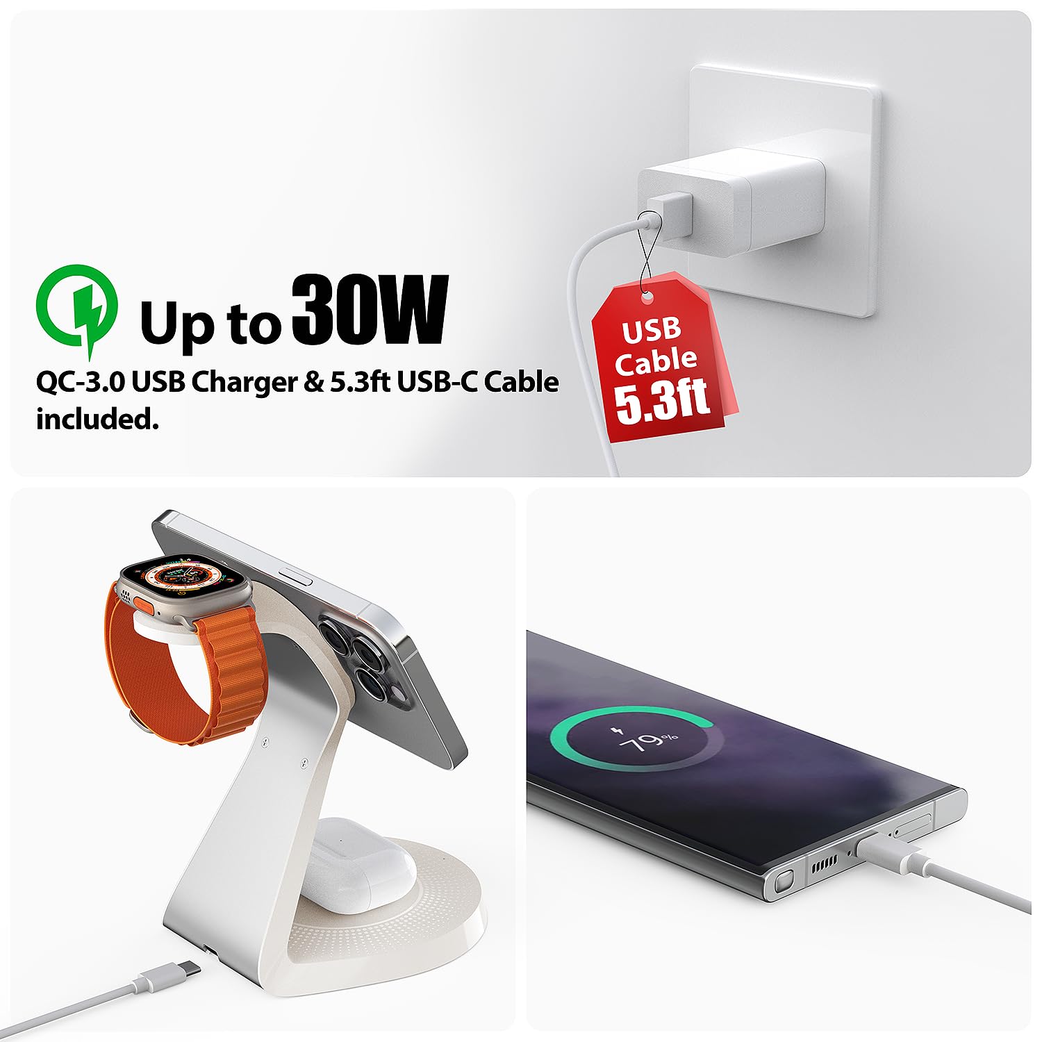 3 in 1 Wireless Charging Station for iPhone 16/15/14/13/12 Series, AirPods & Apple Watch - Fast MagSafe Charger Stand with USB Port - Perfect for Home, Office & Travel Charging Needs