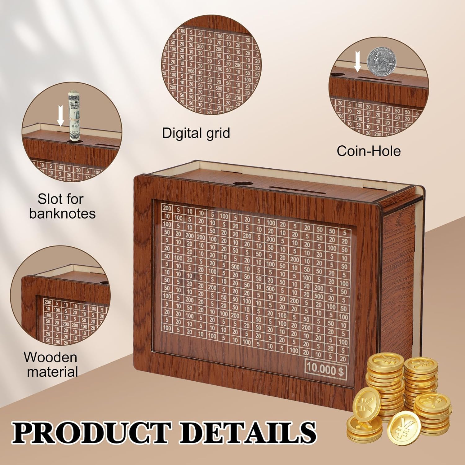 Wooden Cash Vault Savings Box with $10,000 Goal - Piggy Bank for Adults & Kids, Coin Bank for Boys & Girls - Money Saving Challenge Box with Countdown Tracker & Numbered Targets - Perfect for Family Savings, Birthday Gifts & Financial Goal Tracking