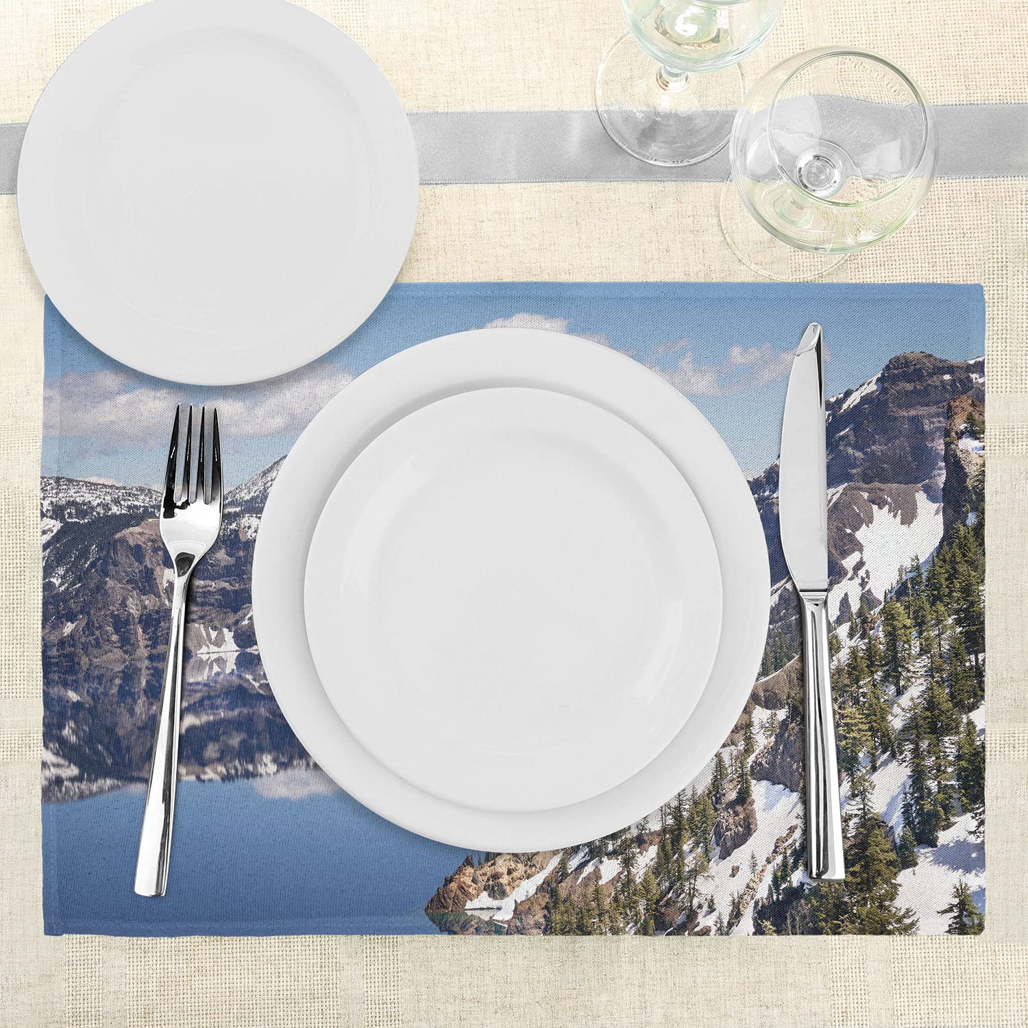 Ambesonne 4-Pack Nature Scene Place Mats - Wild Reflections on Calm Crater Lake, Washable Fabric Table Mats for Dining, Standard Size, Dark Lavender & Grey - Perfect for Dinner Parties & Outdoor Picnics