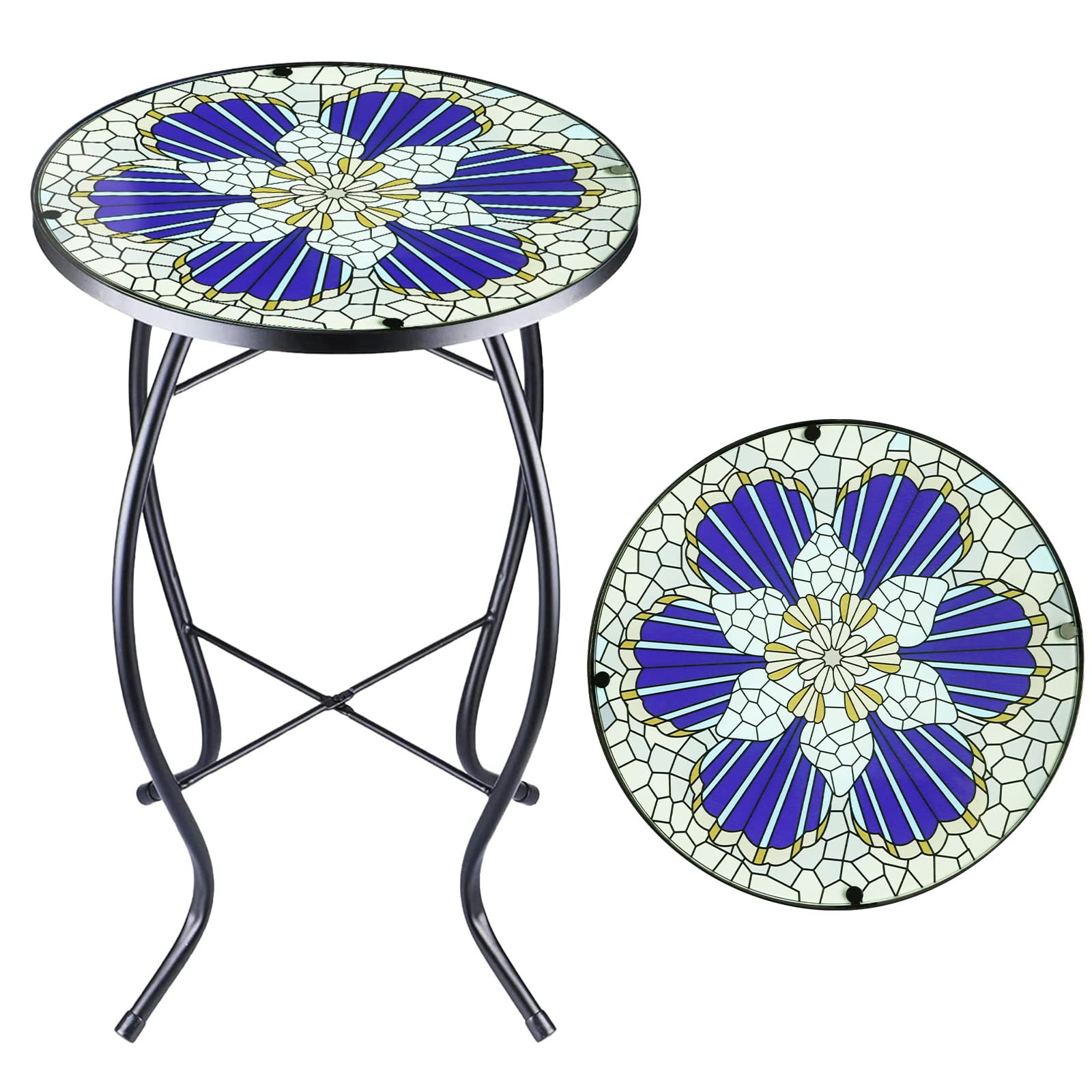 14 Inch Blue Morning Glory Glass Mosaic Outdoor Side Table - Round Patio Coffee Table for Living Room, Balcony, Garden | Perfect for Tea Time, Reading Nook & Small Space Decor