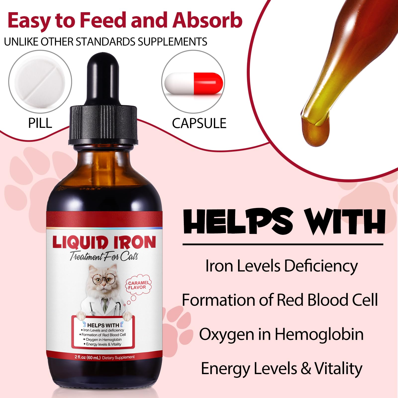 JSBNQRMZ Liquid Iron Supplement for Cats - 60ML Cat Vitamin with Vitamin C & B12 - Supports Anemia & Blood Health - Promotes Red Blood Cell Formation - Ideal for Weak or Anemic Felines - Perfect for Daily Health Maintenance & Recovery
