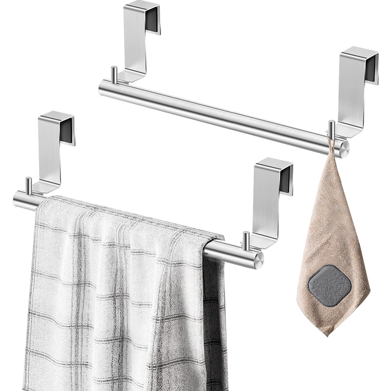 VEHHE 2-Pack Stainless Steel Over Door Towel Rack - 9-Inch Kitchen Towel Holder with 2 Hooks & EVA Foam Pads (Silver) - Perfect for Kitchen, Bathroom, Laundry Room Organization & Space Saving Storage
