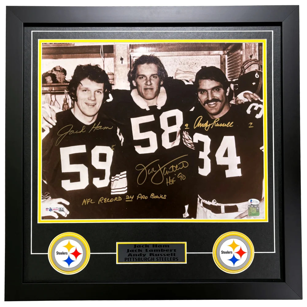 Jack Ham, Andy Russell, Lambert Autographed Steelers 16x20 Framed Photo - BAS Signed Pittsburgh Steelers Memorabilia - Perfect for Man Cave, Sports Bar, or Football Fan Gift