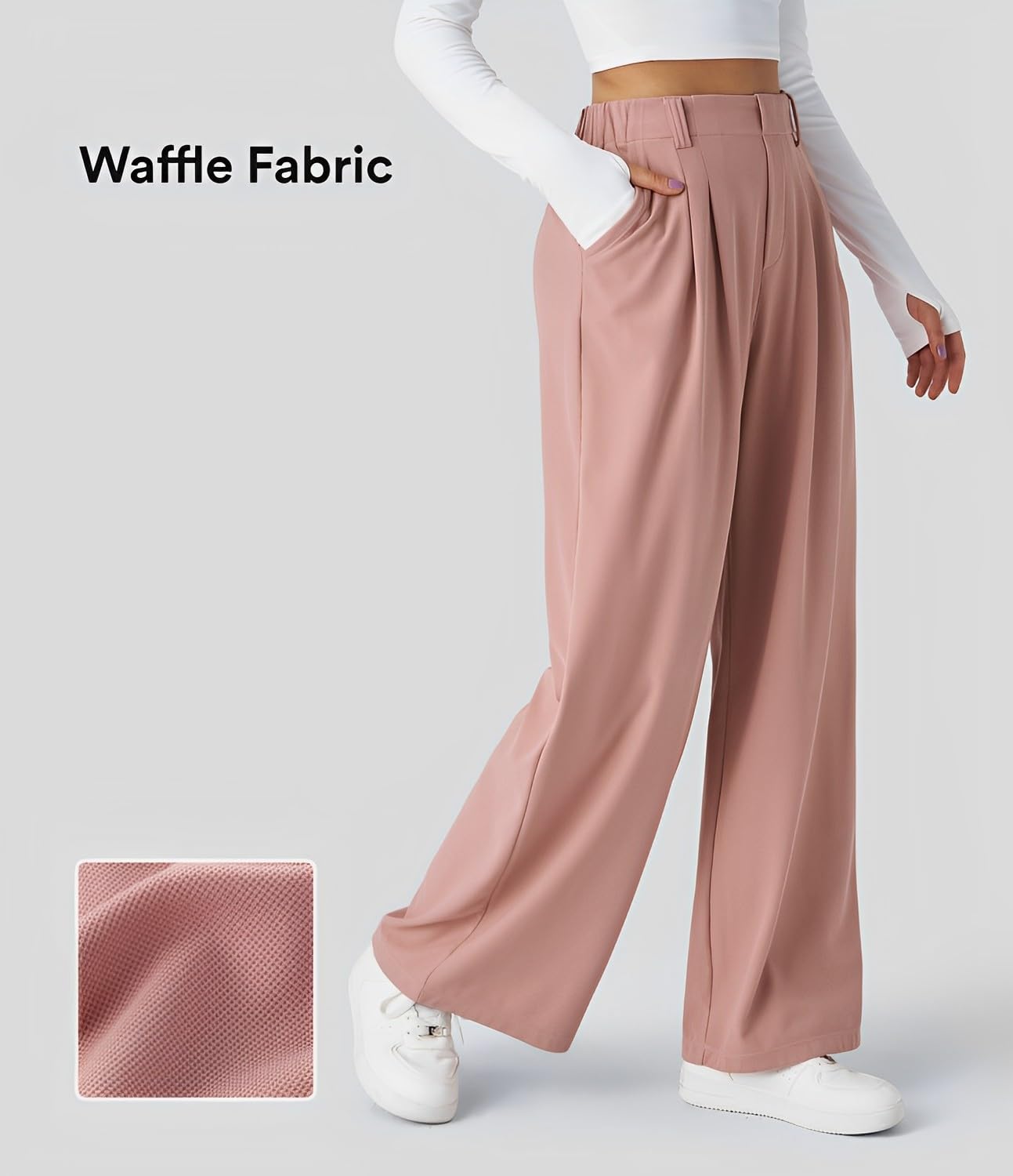 High Waisted Pleated Side Pocket Wide Leg Waffle Work Pants for Women - 30