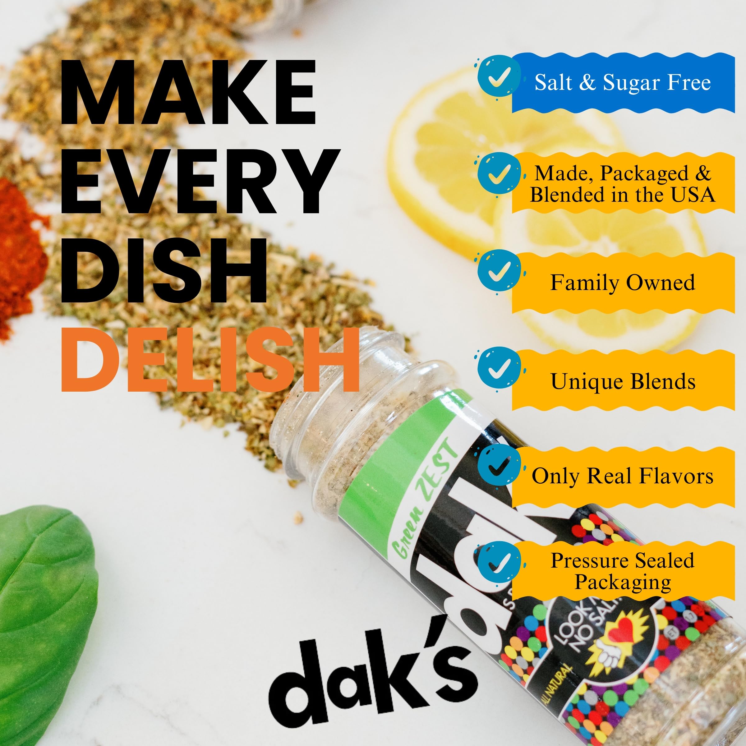 DAK's Spices Green Zest Seasoning Blend | 100% Natural Salt & Sugar Free | Premium Healthy Seasoning for Keto & Low Carb Diets | MSG Free, No Preservatives, No Potassium Chloride | Perfect for Clean Eating, Cooking, Grilling & Meal Prep | 1.5 oz Bottle | Great for Salads, Soups, Meats & Vegan Dishes