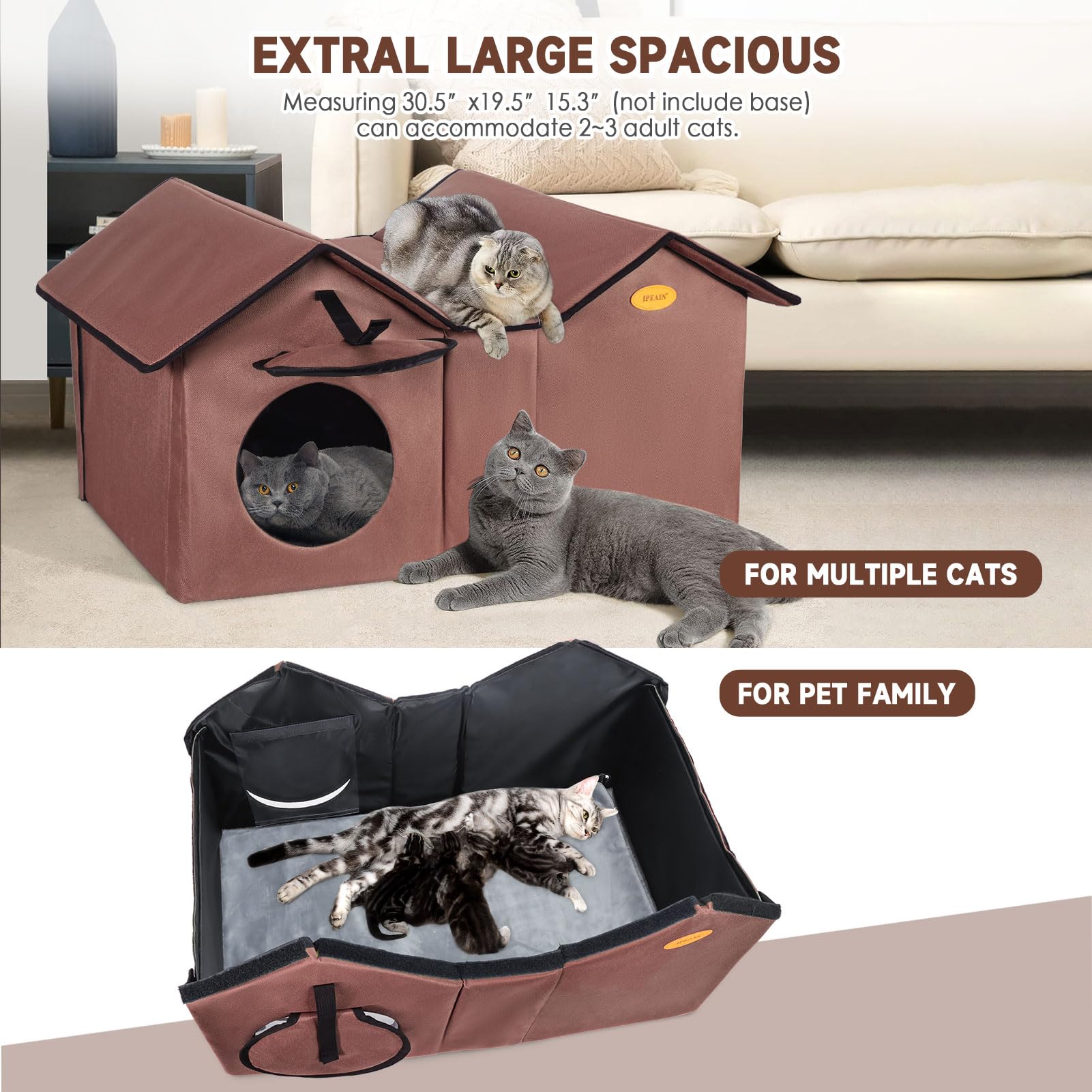 Premium Heated Outdoor Cat House for Winter - Extra Large Insulated Waterproof Shelter for Feral & Stray Cats - Weatherproof Multi-Cat Design (Tan) - Perfect for Backyards, Porches & Garages