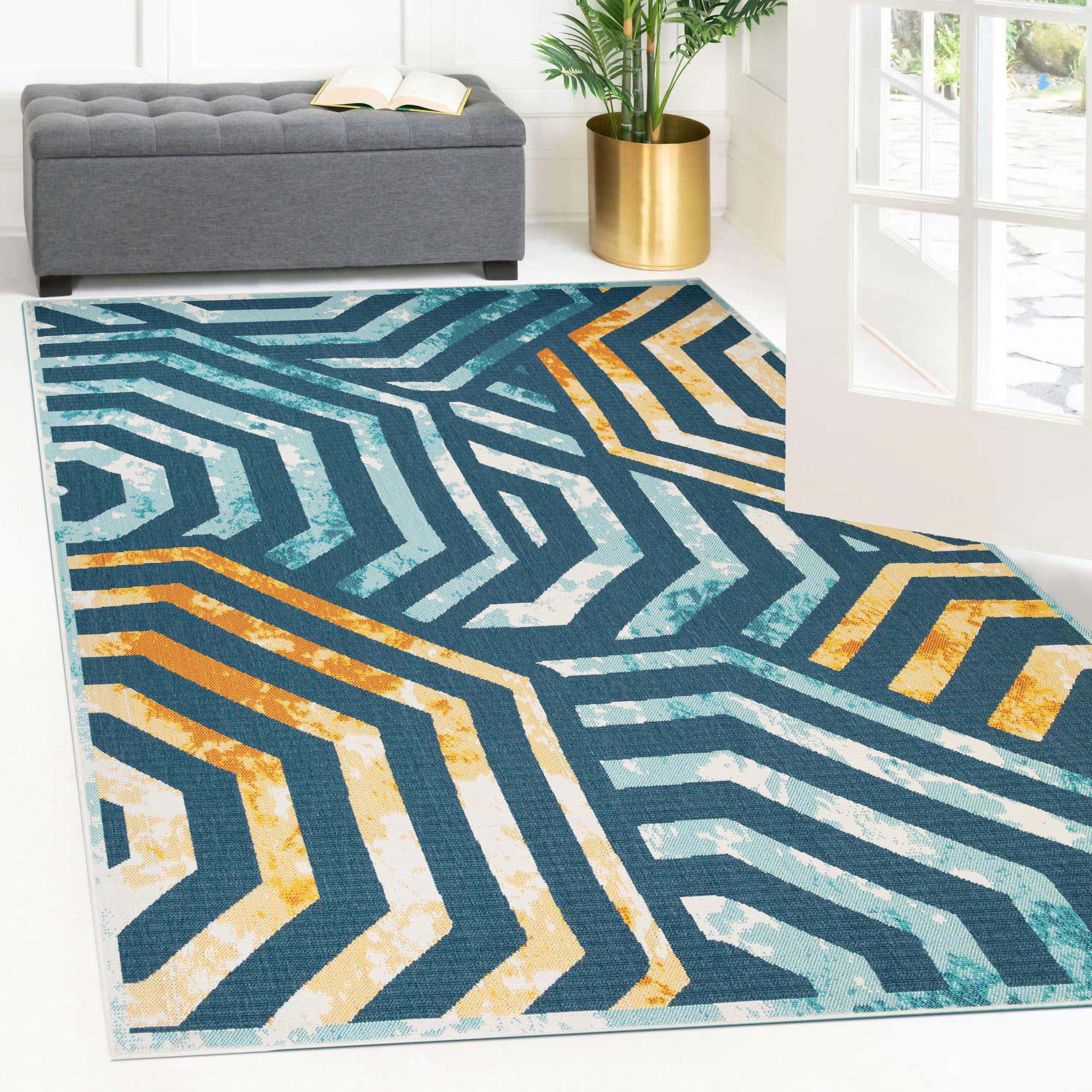 Waimea Modern Geometric Coastal Indoor Outdoor Area Rug - Stylish & Durable for Living Room, Bedroom, Patio, or Deck