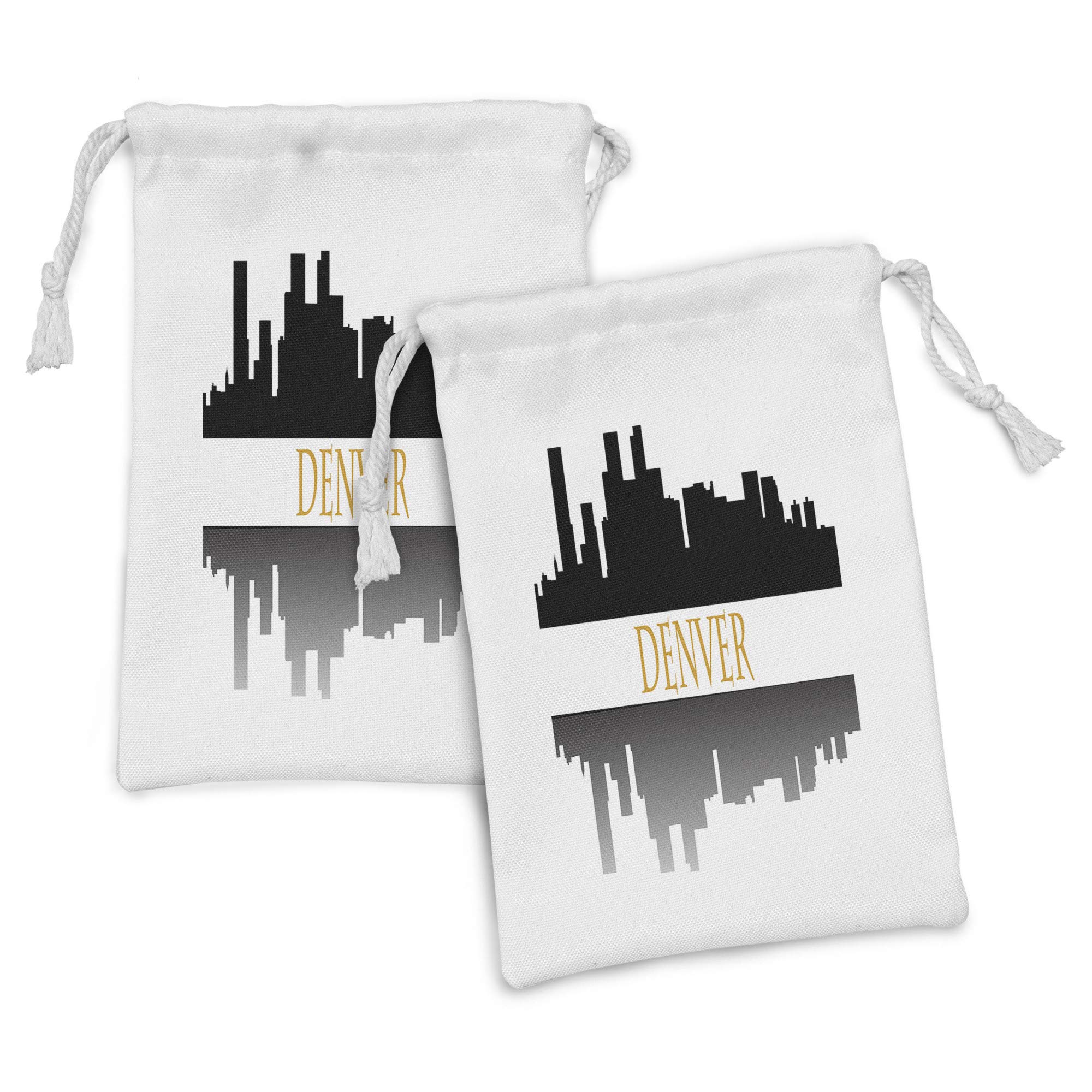 Ambesonne Denver Fabric Pouch Set of 2 - Modern Skyline Silhouette & Calligraphy Design - Small Drawstring Bags for Toiletries, Masks, Jewelry & Party Favors (9