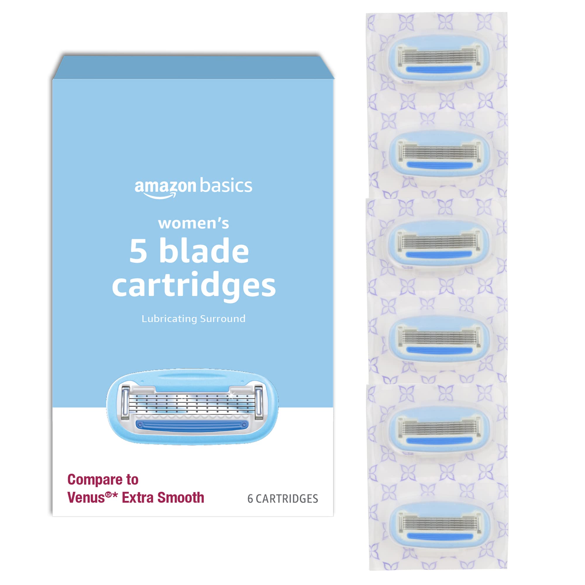 Amazon Basics 5-Blade Razor Refills for Women - 6 Count (Compatible with Amazon Basics Razor Handles Only) | Smooth Shaving for Legs, Underarms & Bikini Area | Previously Solimo Brand