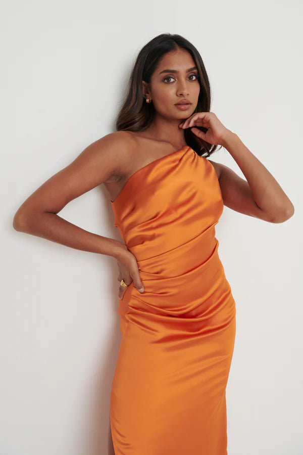 Amelia One Shoulder Ruched Satin Dress for Women - Elegant Orange Evening Gown for Cocktail Parties, Date Nights & Special Occasions