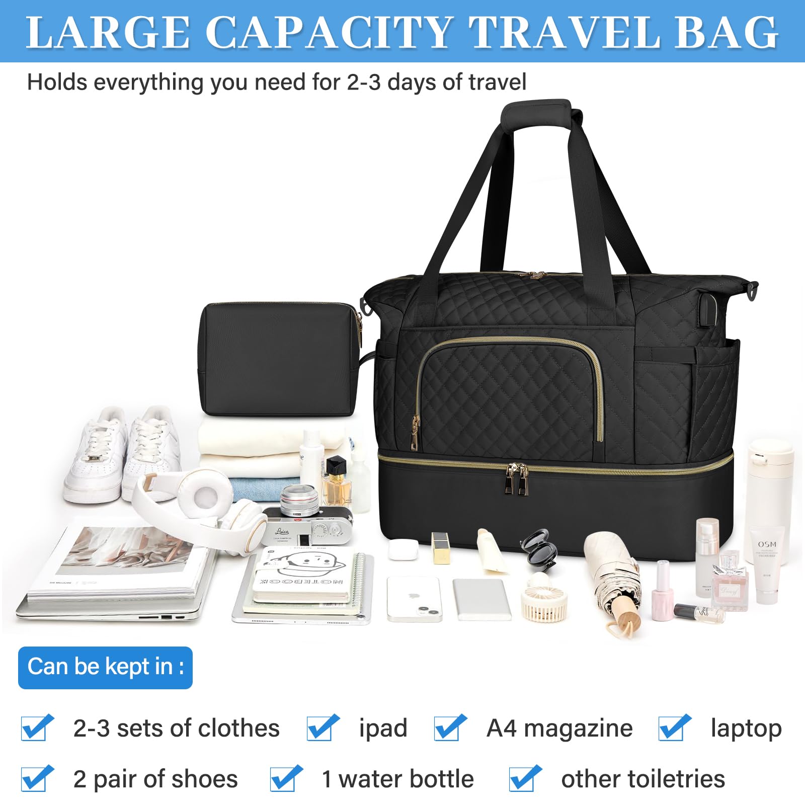 Large Duffle Gym Bag for Women - Waterproof Travel Weekender with Wet Pocket, USB Charging Port & Shoe Compartment - TSA Approved Carry On for Sports, Overnight Trips & Hospital Visits (Includes Toiletry Bag, Black) - Perfect for Gym, Travel, Workouts & Weekend Getaways