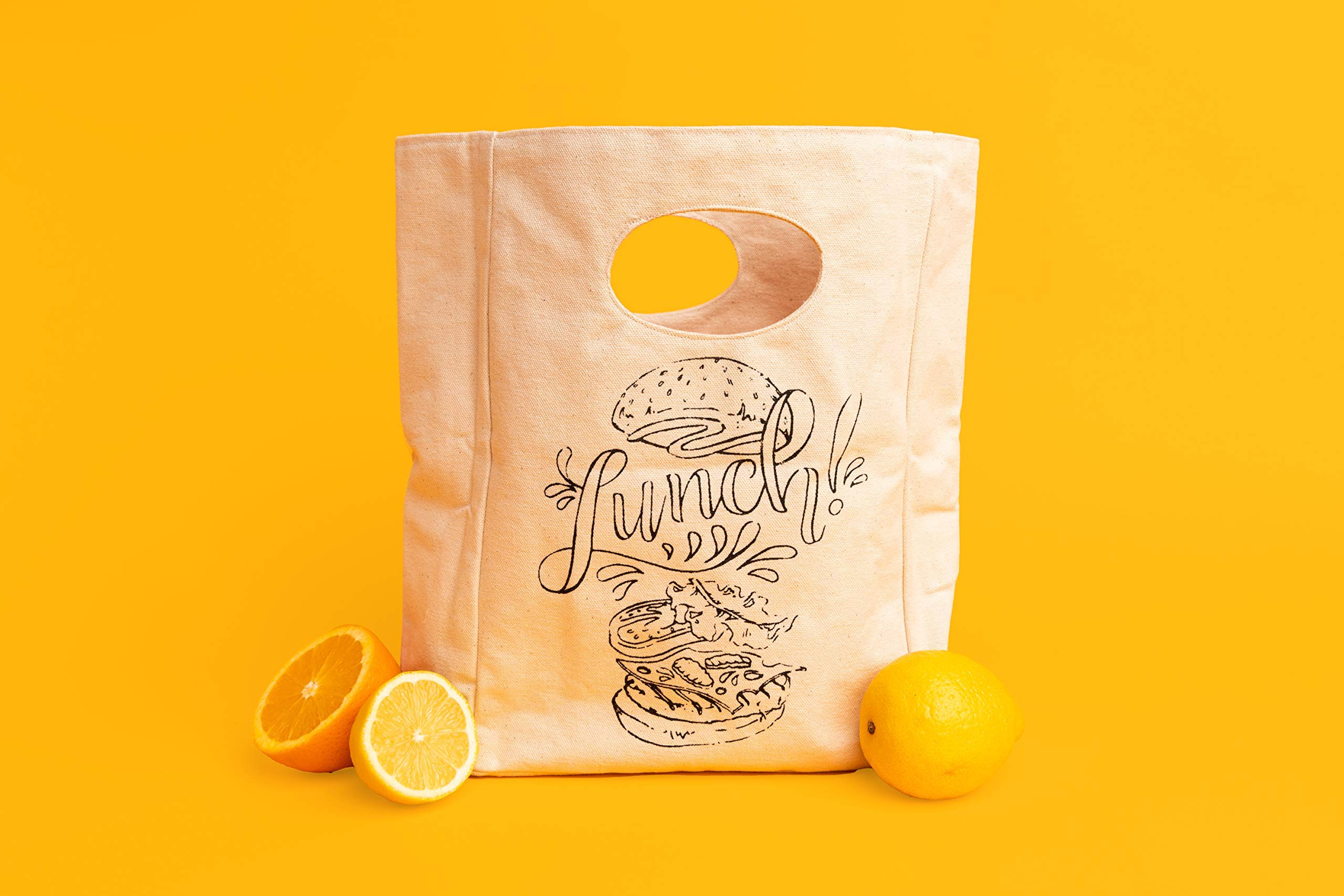 Organic Cotton Canvas Lunch Bag - Eco-Friendly & Machine Washable Reusable Lunch Tote for Men, Women & Kids - Water Resistant Easy Clean Food Container - Perfect for School, Work, Picnics & Outdoor Activities (White with Black Print - 2 Pack)