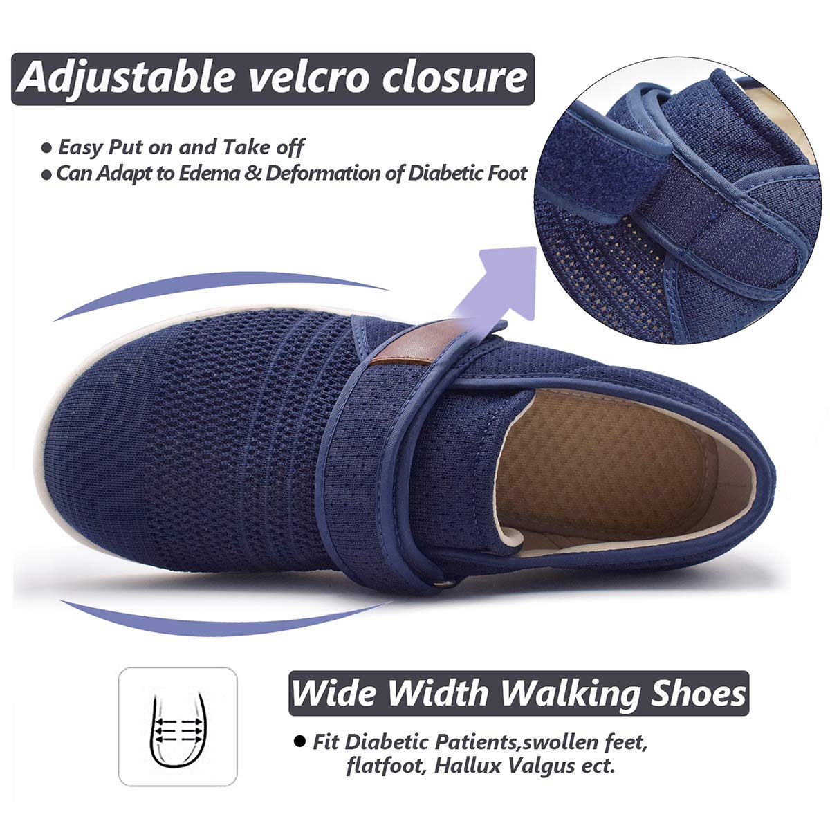 W&LESVAGO Men's Diabetic Shoes with Adjustable Closures - Lightweight Non-Slip Wide Width Walking Shoes for Elderly, Edema, Plantar Fasciitis & Arthritis - Comfortable Footwear for Swollen Feet Relief - Ideal for Daily Walking, Nursing & Medical Use