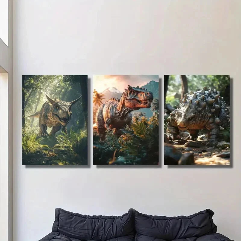 3Pcs Dinosaur in The Jungle Metal Wall Art - Spiked Monster Ready to Hang Canvas Prints - Perfect for Kids Room, Nursery & Dinosaur Themed Decor