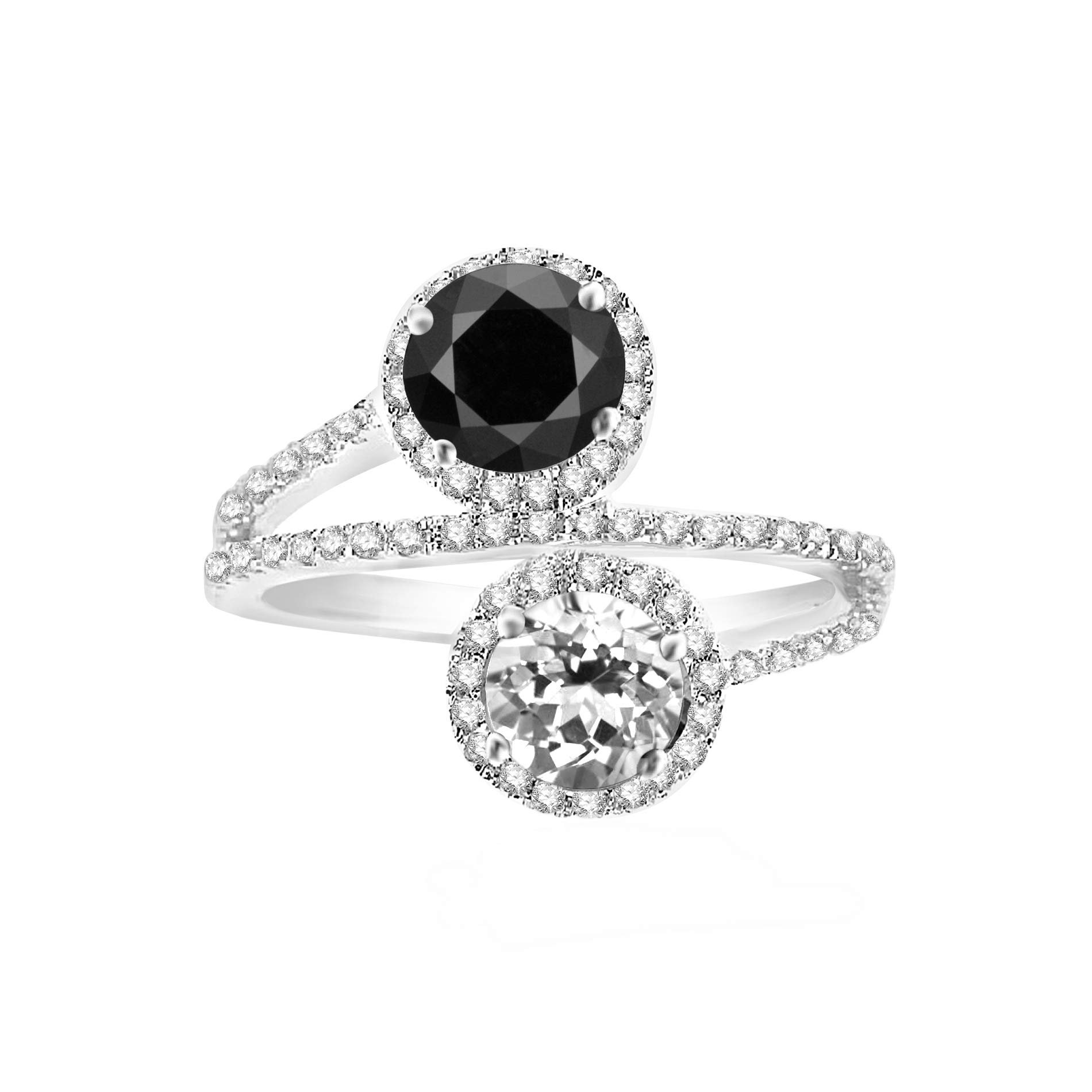 Natural Black Spinel & White Topaz Sterling Silver Bypass Halo Ring – Elegant Jewelry for Weddings, Anniversaries & Special Occasions