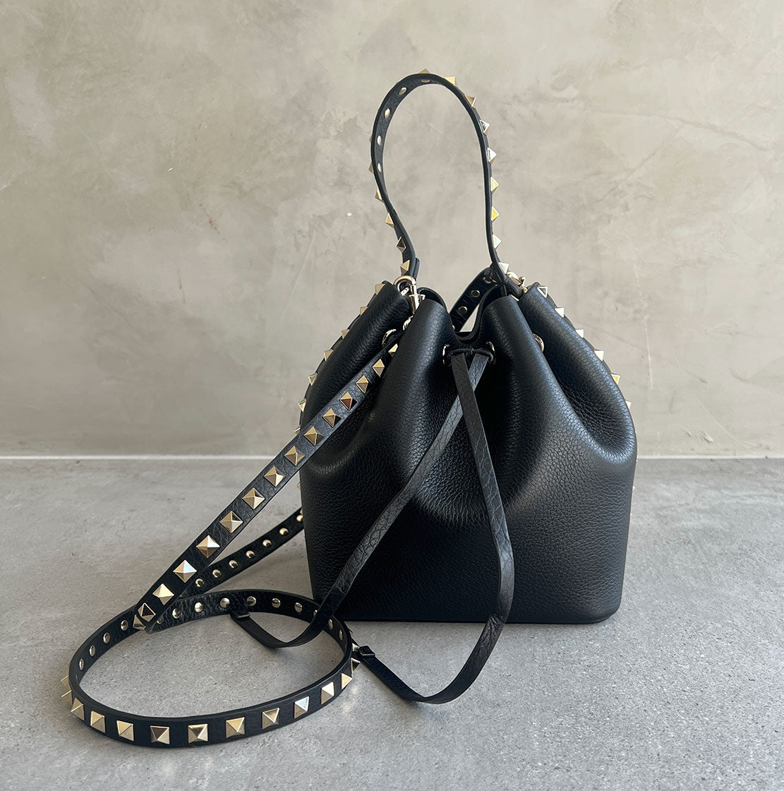 Valentino Rockstud Buckle Detail Leather Bucket Bag in Black | Luxury Shoulder Handbag for Women | Perfect for Evening Parties & Date Nights
