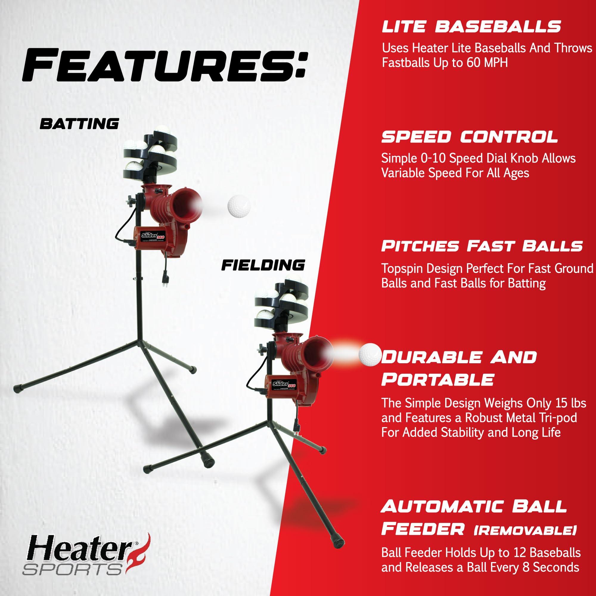 Heater Sports Slider Lite 360 Baseball Pitching Machine with Auto Ball Feeder - 360° Precision Training Equipment for Youth & Adults | Perfect for Backyard Practice, Team Drills & Baseball Skill Development