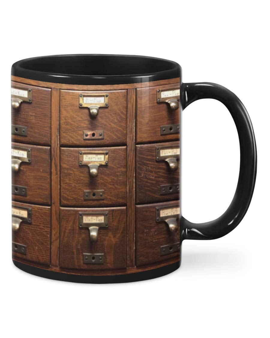 Vintage Library Card Catalog Coffee Mug - 11Oz & 15Oz Customizable Black Ceramic Cup - Funny Gift for Book Lovers, Wedding, Anniversary & Birthday - Perfect for Office, Home & Coffee Shop Use