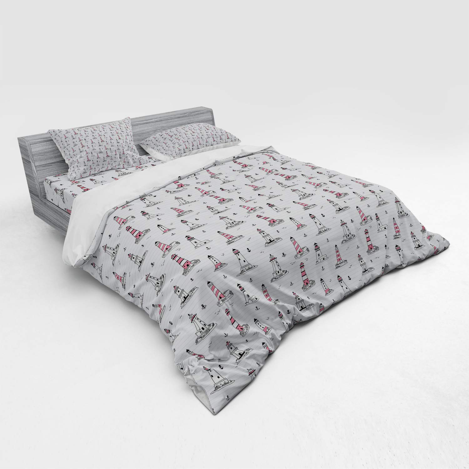 Ambesonne Lighthouse Bedding Set - Nautical Themed Duvet Cover with Seagulls & Anchors Doodle Design, 4-Piece King Size Set (Duvet Cover + Shams + Fitted Sheet) in Pink Lilac Black - Perfect for Coastal, Beach House or Nautical Nursery Decor