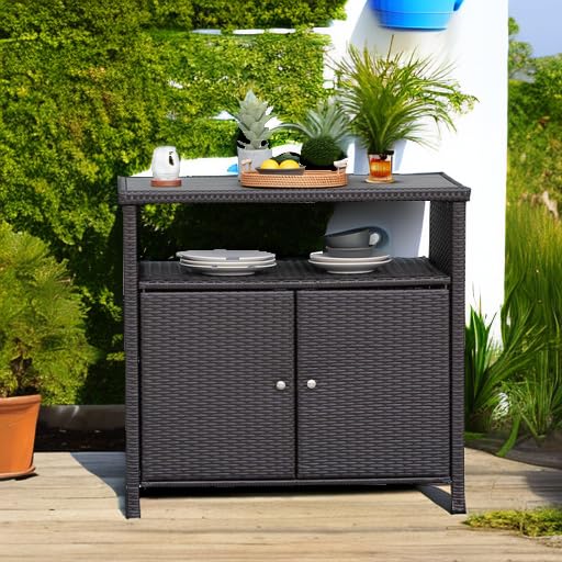 Waterproof Wicker Storage Cabinet with Two Doors and Shelves - Outdoor Patio Buffet Sideboard for Garden, Kitchen, Pool - Dark Brown - Perfect for Storing Cushions, Pool Toys, and Outdoor Dining Essentials