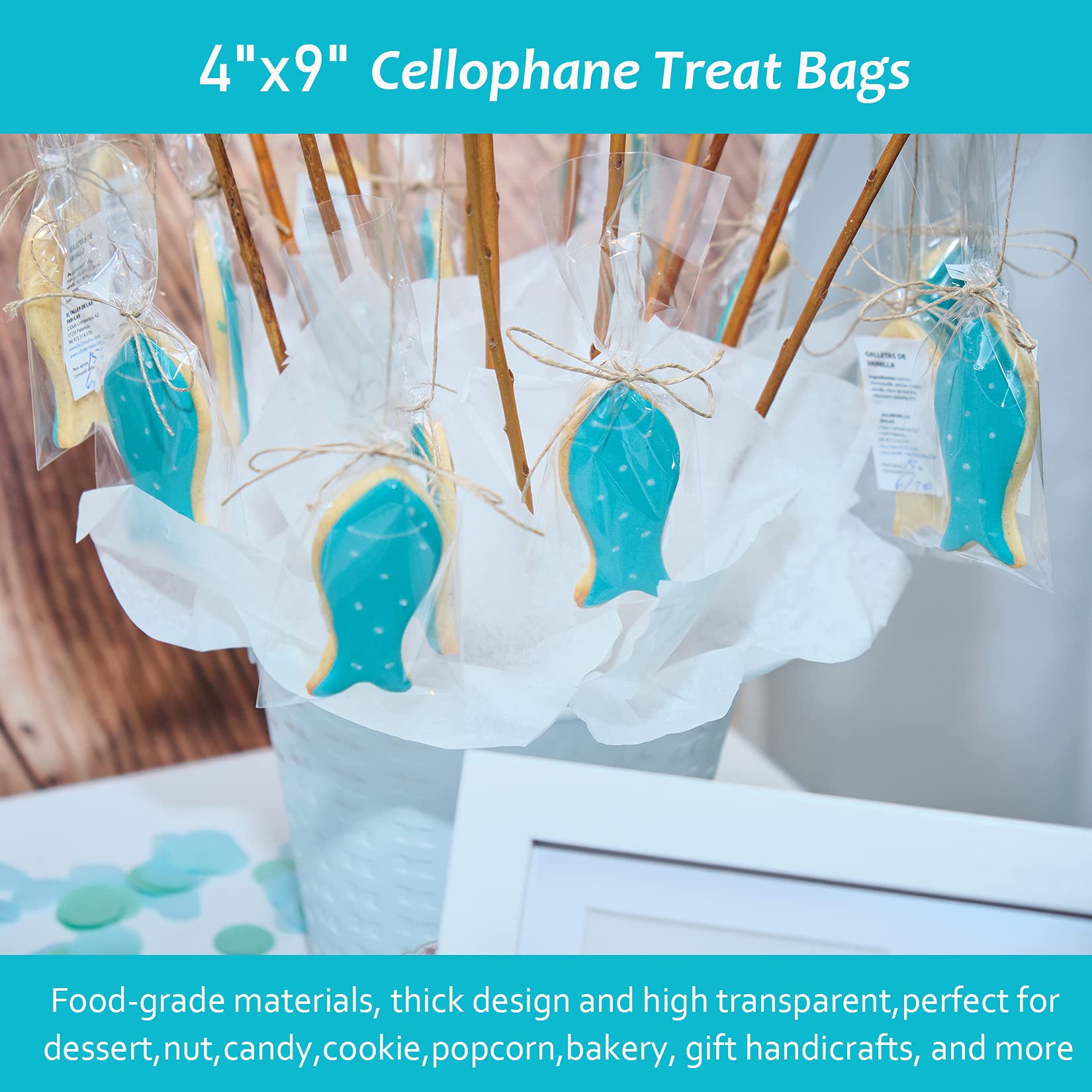 Yotelab 4x9 Inches Clear Cellophane Treat Bags with Twist Ties - 100 Pack | Perfect for Candy, Cookies, Party Favors & Gift Wrapping