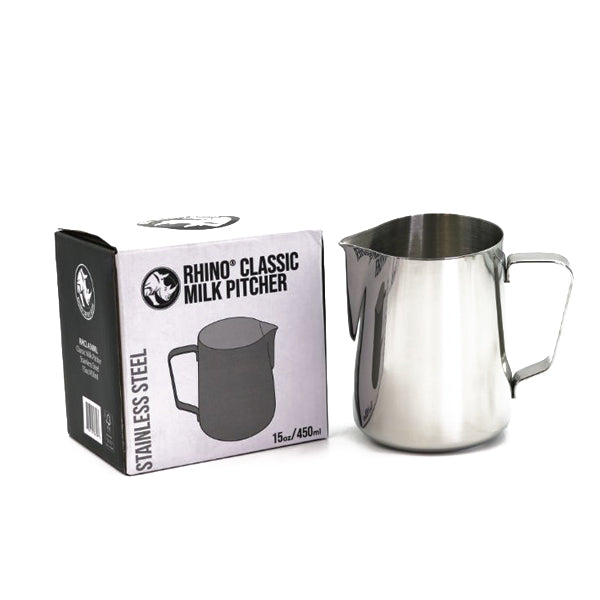 Premium Rhino Classic Milk Frothing Pitcher 450ml (15oz) - Barista-Grade Stainless Steel Milk Jug for Perfect Latte Art & Cappuccino Foam - Ideal for Home & Professional Coffee Shops, Cafes, and Espresso Bars