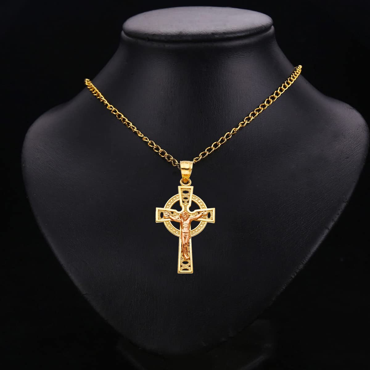 14K Two-Tone Gold Religious Crucifix Pendant Necklace for Men & Women - Jesus Christ Cross Pendant with 18