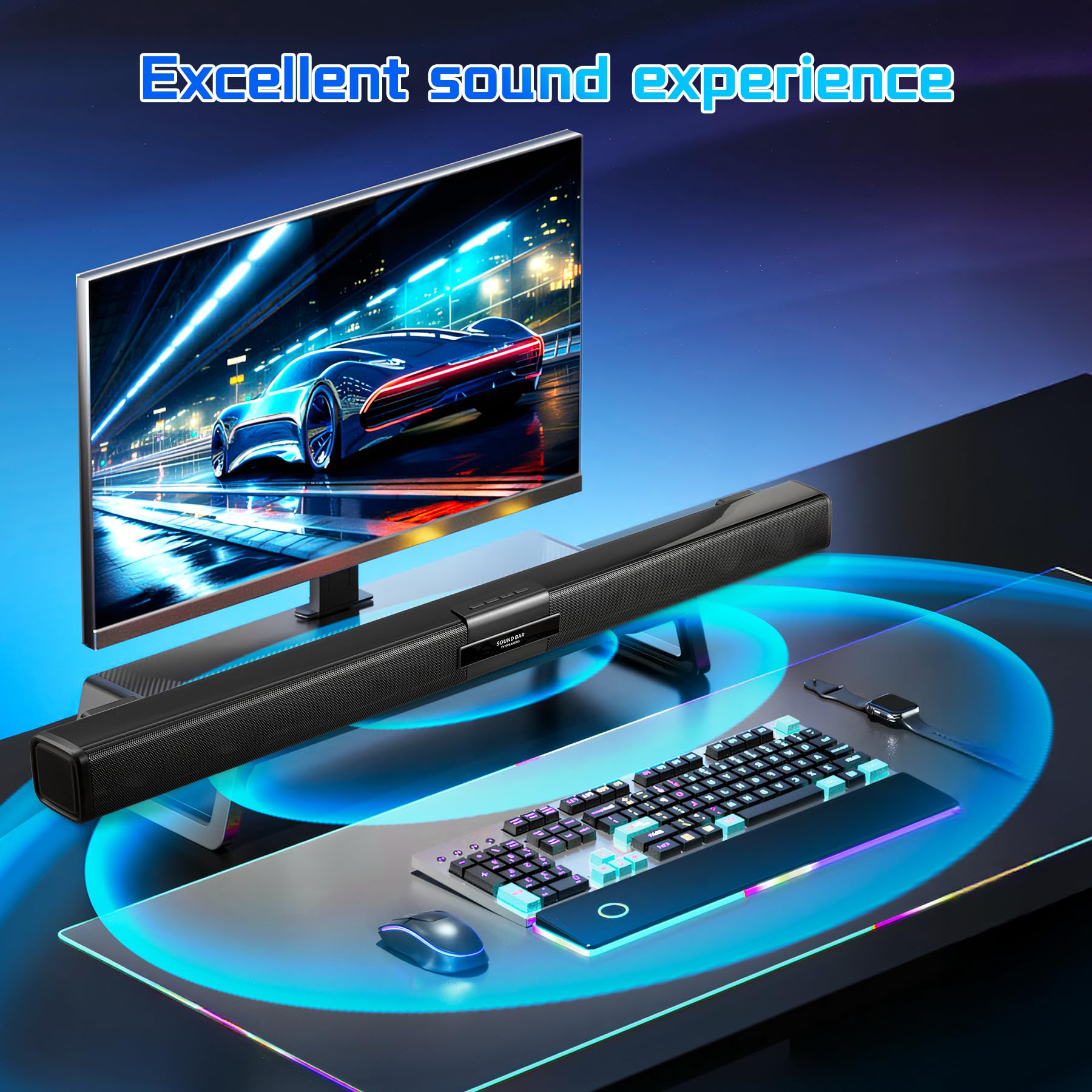 Premium Bluetooth Soundbar for Smart TV with 4 Wireless Mics - AUX/USB/TF/Coaxial Inputs, Surround Sound System (Black) - Perfect for Home Theater, Gaming & Movie Nights