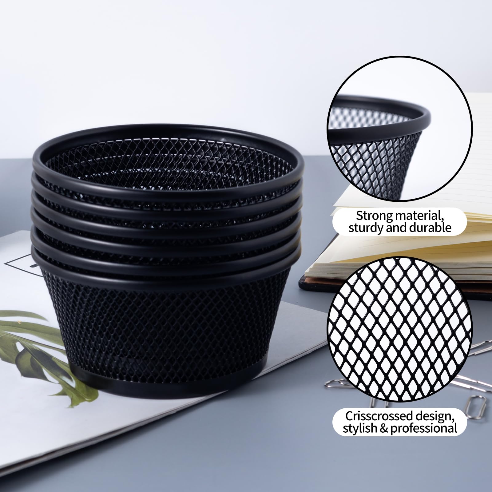 SLSON 6-Pack Black Wire Mesh Paper Clip Holder - Round Desktop Organizer for Office Supplies, Paperclips & Small Accessories | Perfect for Desk Organization & School Stationery Storage