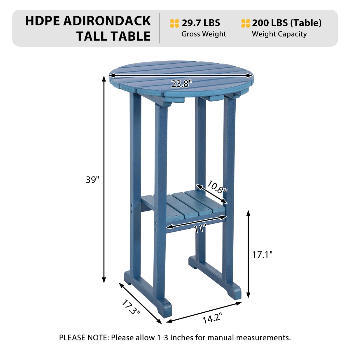 Sundale Outdoor 3-Piece Adirondack Bar Set - 2 Counter Height Adirondack Chairs & Round Side Table - HDPE High Top Stools for Patio, Deck, Garden - Navy Blue Pub Bistro Dining Furniture for 2 - Perfect for Backyard Entertaining, Poolside Relaxation & Outdoor Gatherings