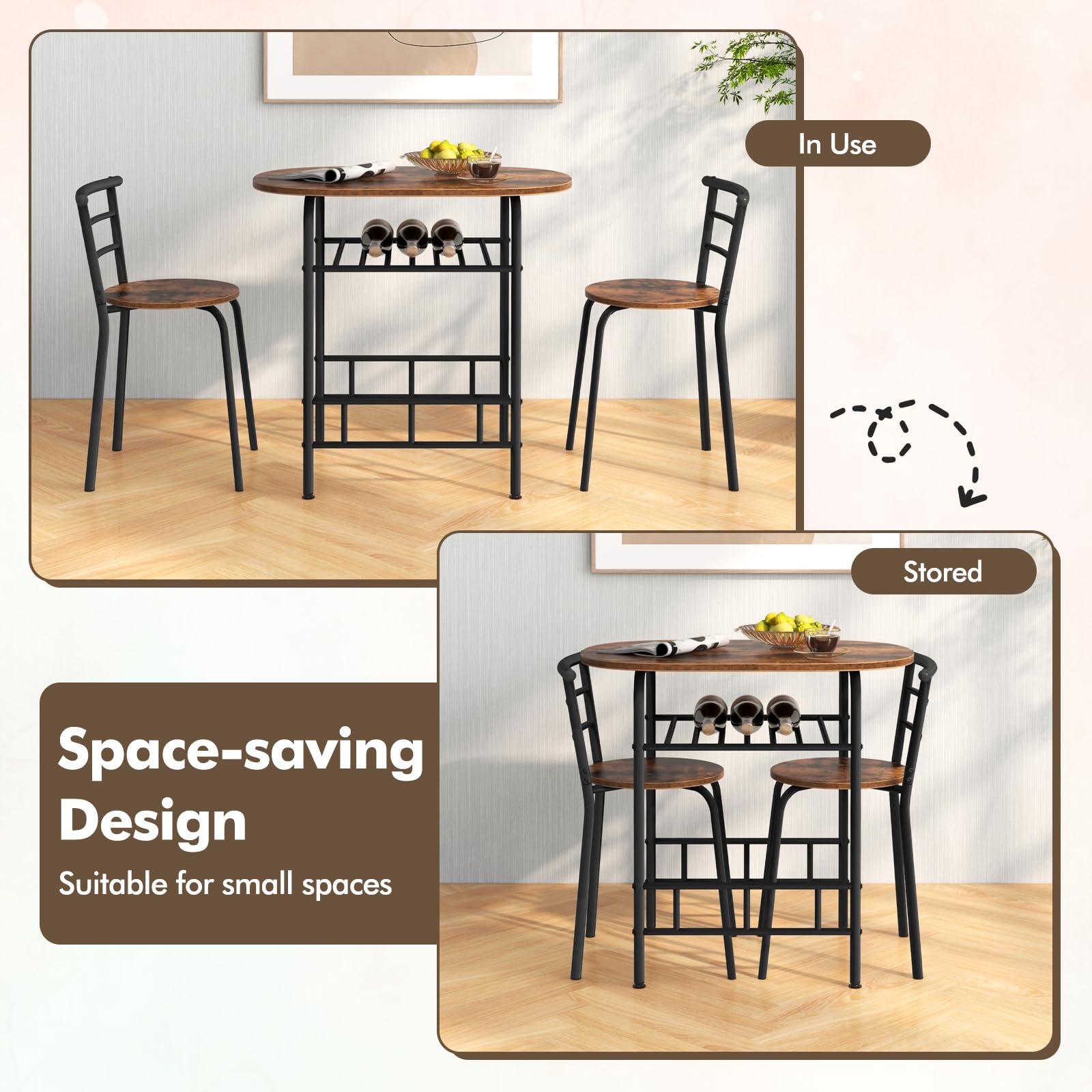 Giantex 3-Piece Space Saving Dining Set - Compact Bistro Table with 2 Chairs, Metal Frame & Storage Shelf - Perfect for Small Apartments, Kitchen, Breakfast Nook & Pub Style Decor (Black & Brown) - Ideal for Studio Living, Balcony Dining & Urban Homes