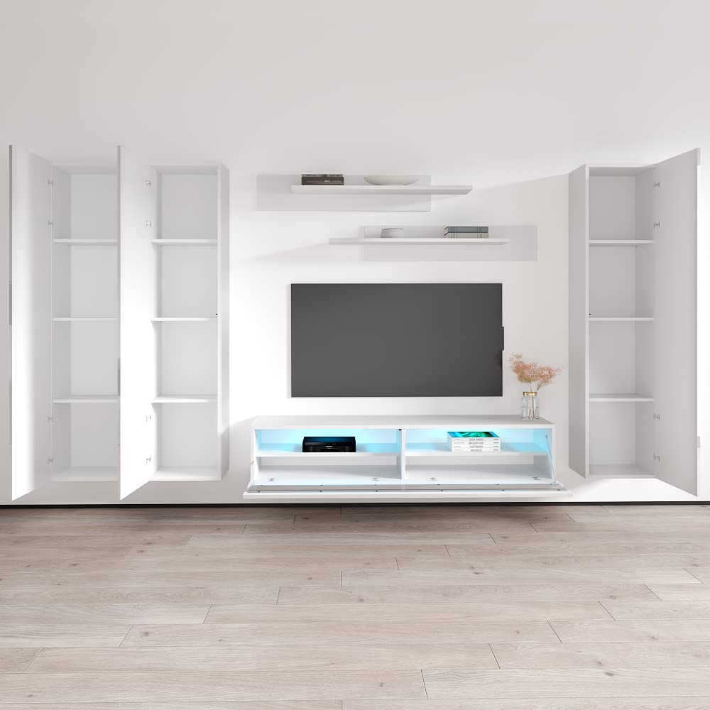 Modern White Wall-Mounted TV Stand with Storage Shelves & LED Lights - 35