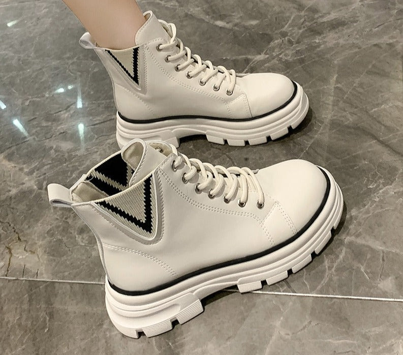 Lovevop Women's Autumn Boots - Stylish High Top Platform Sneakers in White PU Leather for Casual Wear | Perfect for Fall Outfits, Daily Walking & Fashion Street Style