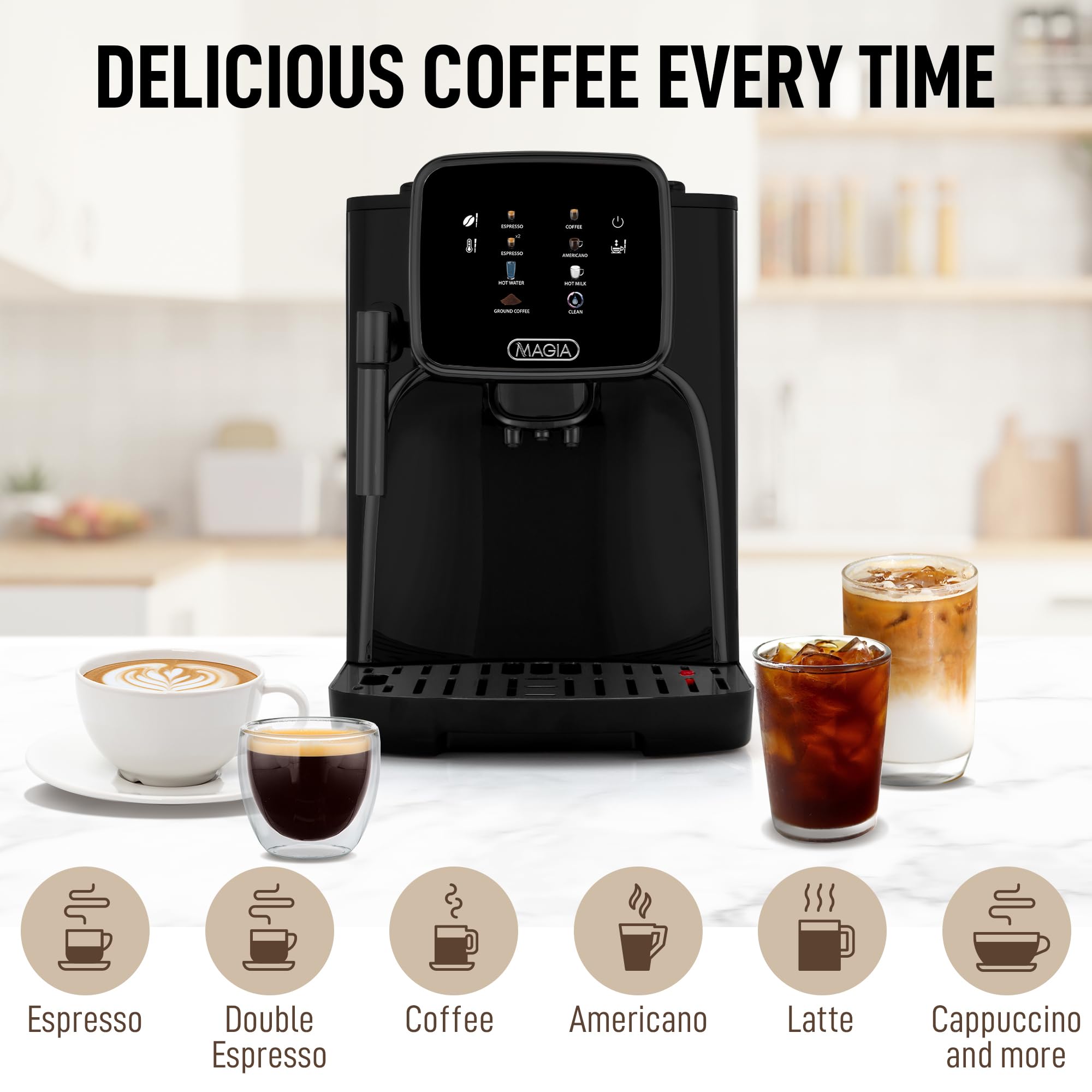 Zulay Kitchen Magia Clasica Fully Automatic Espresso Machine with Built-in Grinder - Touch Screen Coffee Maker for Latte, Cappuccino & Macchiato - One-Touch Operation & Milk Frother - Perfect for Home, Office & Coffee Shops - Black