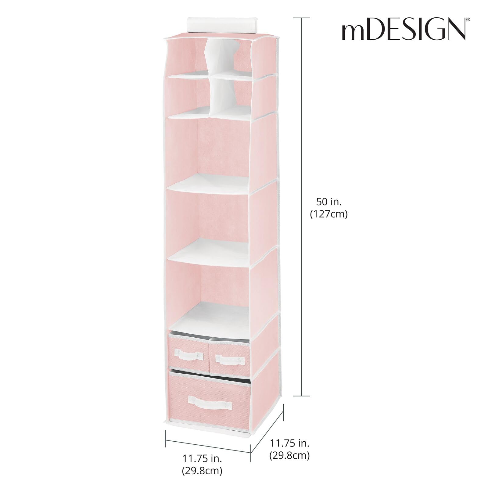 mDesign Fabric Hanging Organizer - 7 Shelves & 3 Drawers for Baby Nursery & Bedroom - Pink/White Jane Collection - Perfect for Clothes, Toys & Accessories Storage
