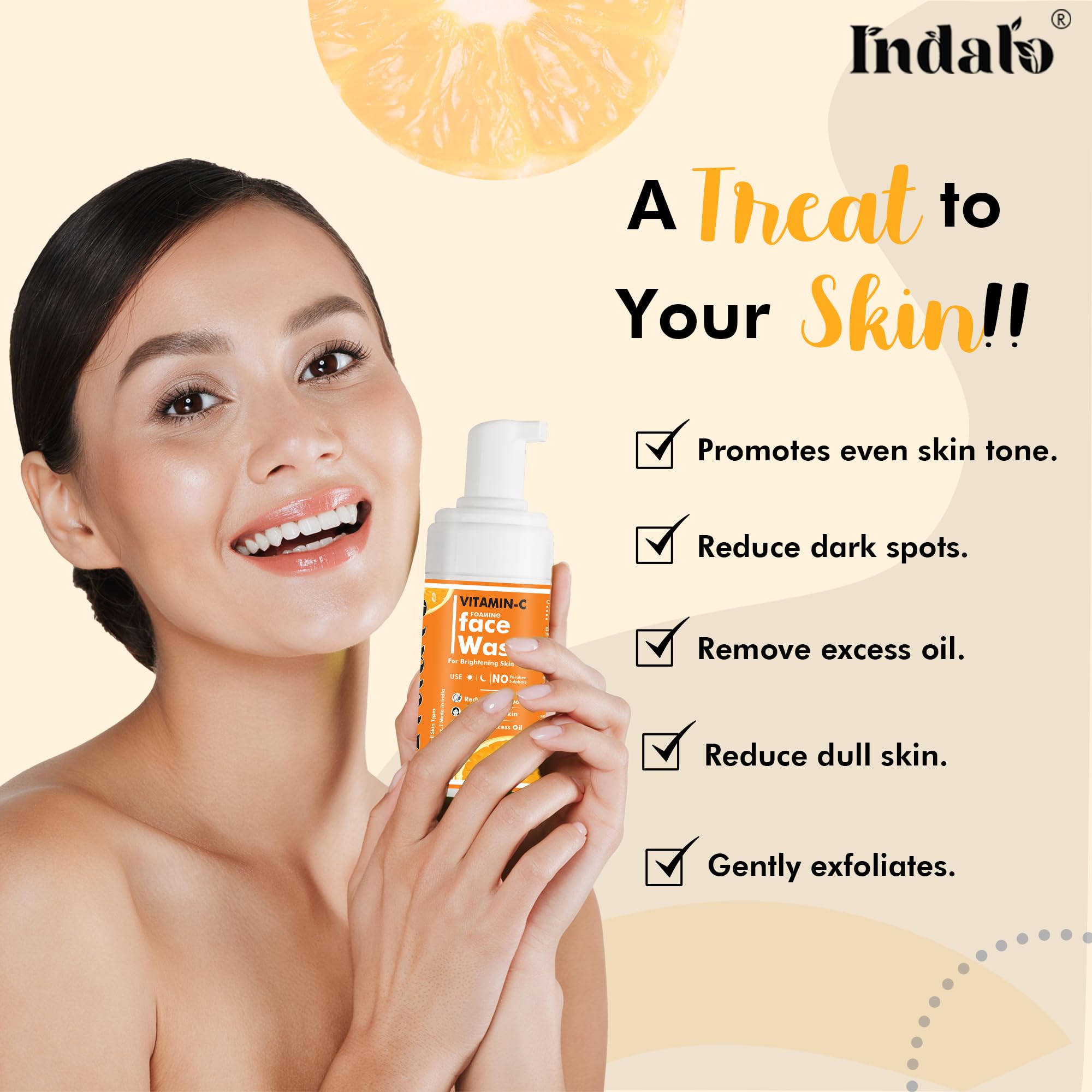 Indalo Vitamin C Foaming Face Wash with Aloe Vera Extract - Brightening & Hydrating Cleanser for All Skin Types (100ml) | Gentle Daily Facial Cleanser for Glowing Skin, Acne-Prone & Sensitive Skin Care Routine