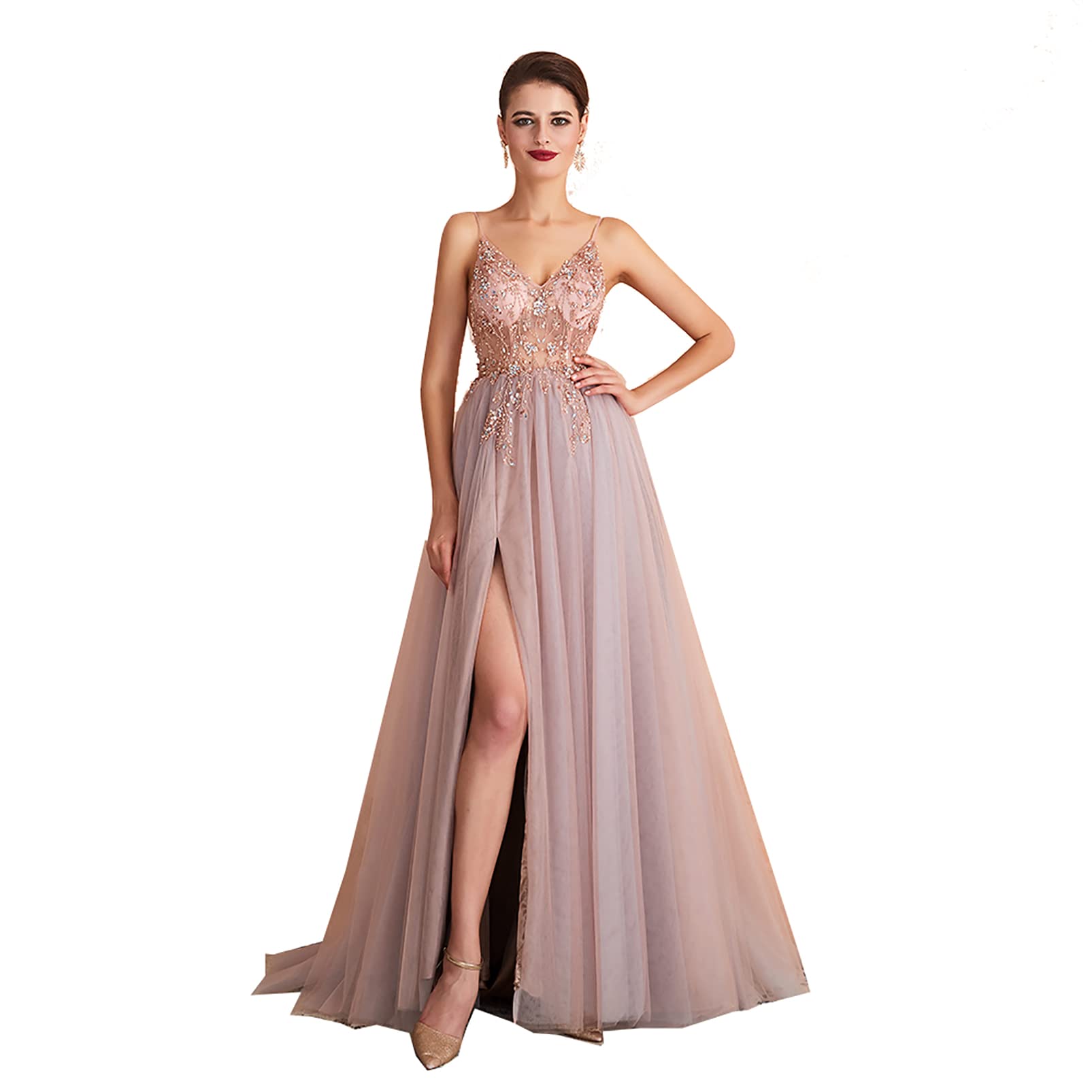 Elegant Women's Summer Dresses - Sexy Spaghetti Strap Evening Gowns with V-Neck & Rhinestone Beading for Prom, Party & Formal Events | Perfect for Weddings, Cocktail Parties & Date Nights