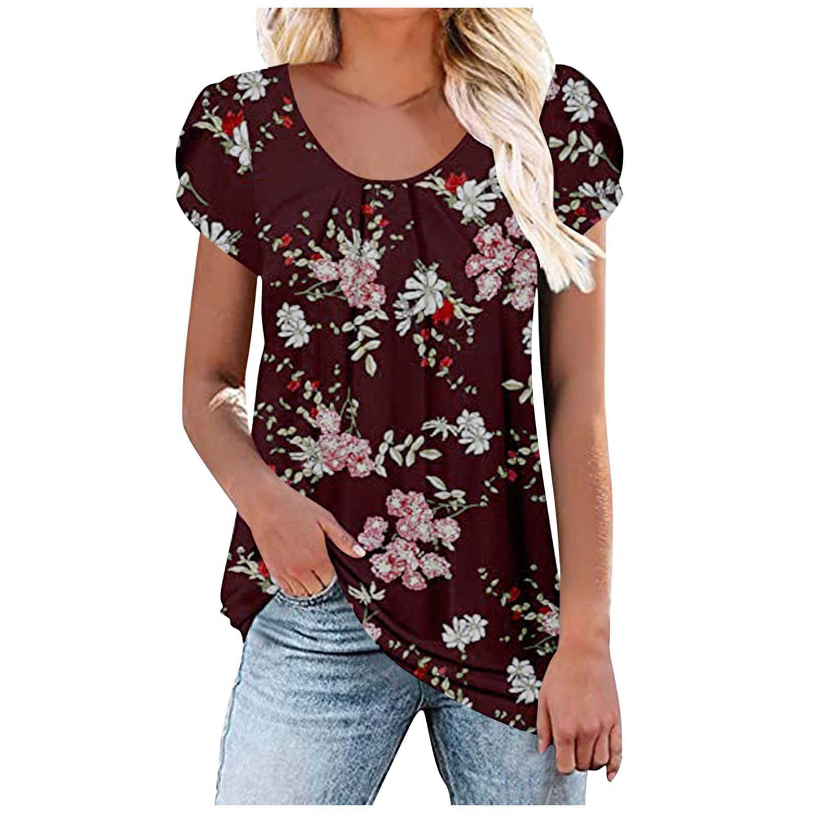 Floral Print Women's Tops - Casual Pleated Petal Cap Sleeve Blouse, Round Neck Loose Fit T-Shirt for Women | Perfect for Spring Outfits, Office Wear & Weekend Casual Looks