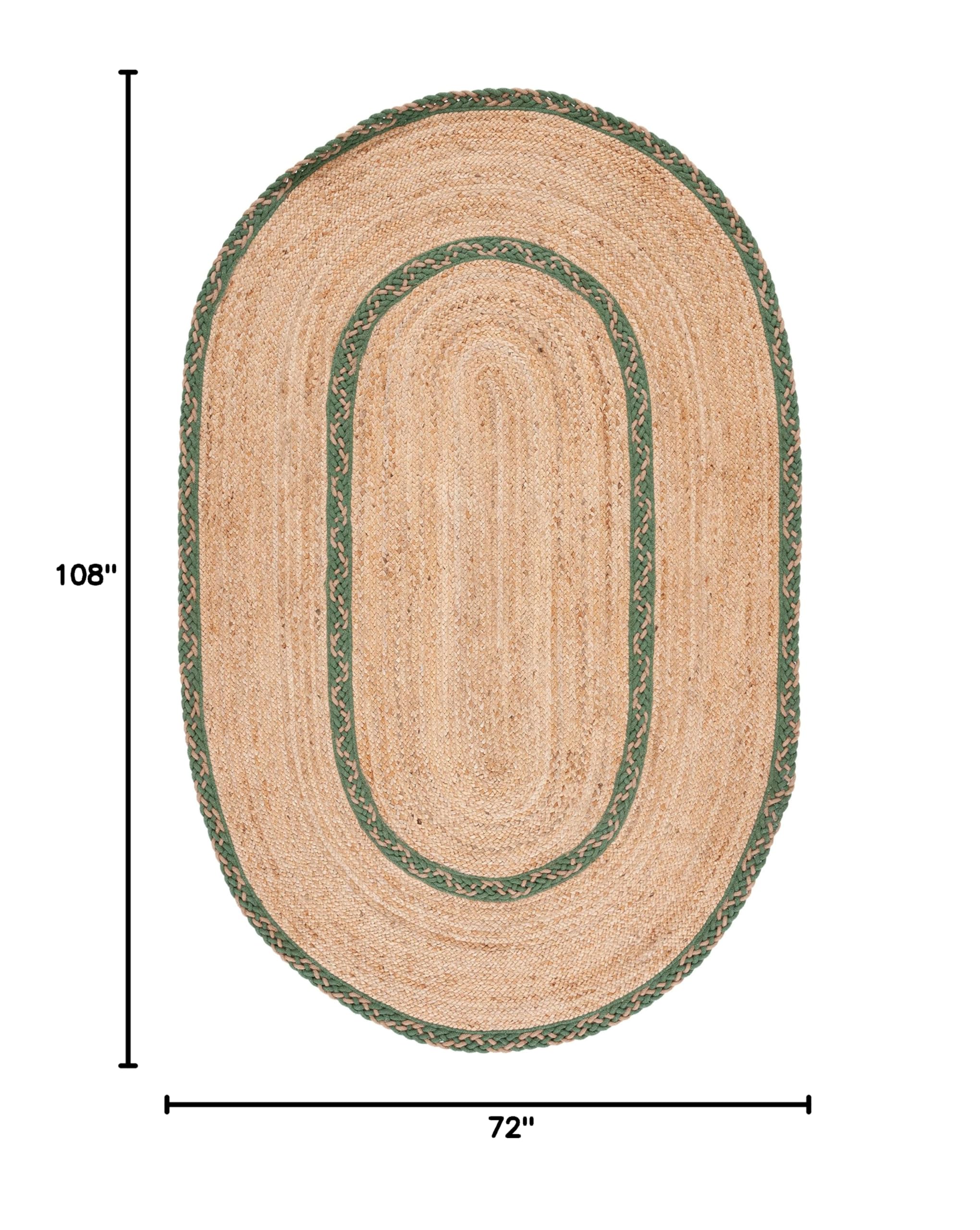 SAFAVIEH Handmade Jute Area Rug 6' x 9' Oval - Natural & Green, Eco-Friendly Natural Fiber Collection for Living Room, Bedroom, High Traffic Areas | Durable Floor Covering for Home Decor (NFB260Y)