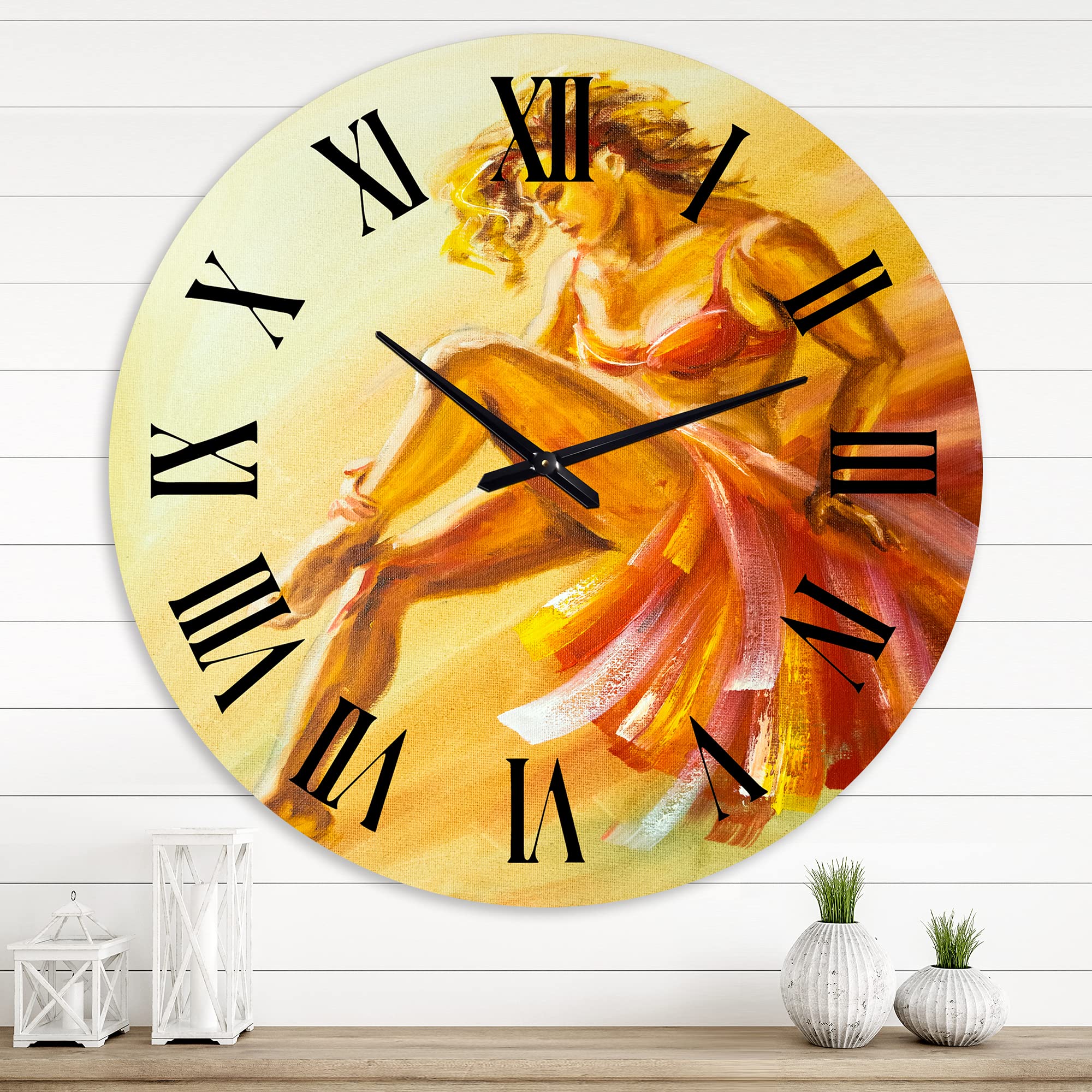 DesignQ Modern Flamenco Dancer Wall Clock - Large Warm Colored Wall Decor for Bedroom, Living Room & Office | Silent Non-Ticking Home Decoration
