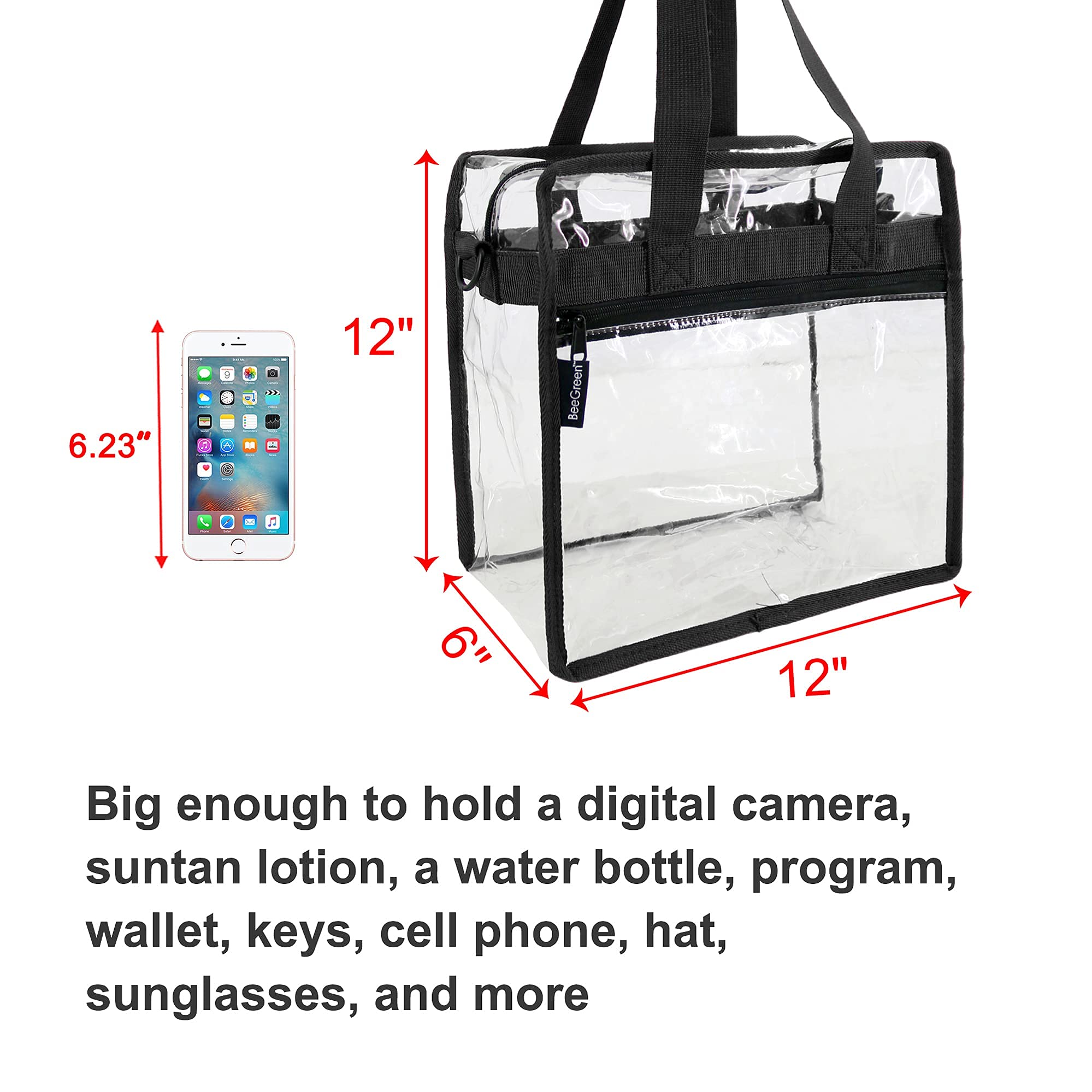 BeeGreen Reusable Grocery Bags - 12 Pack Large Washable Foldable Tote with Zipper Storage Pouch & Clear Stadium Bag, Front Pocket & Adjustable Shoulder Straps | Eco-Friendly Shopping, Travel & Sports Events