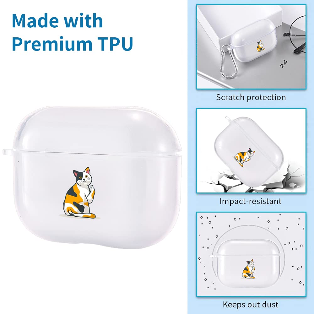 Cute Clear Cat AirPods Pro Case with Carabiner - Shockproof TPU Protective Cover for AirPods 3 Charging Case - Funny Soft Flexible Transparent Case - Perfect for Travel, Work & Everyday Use