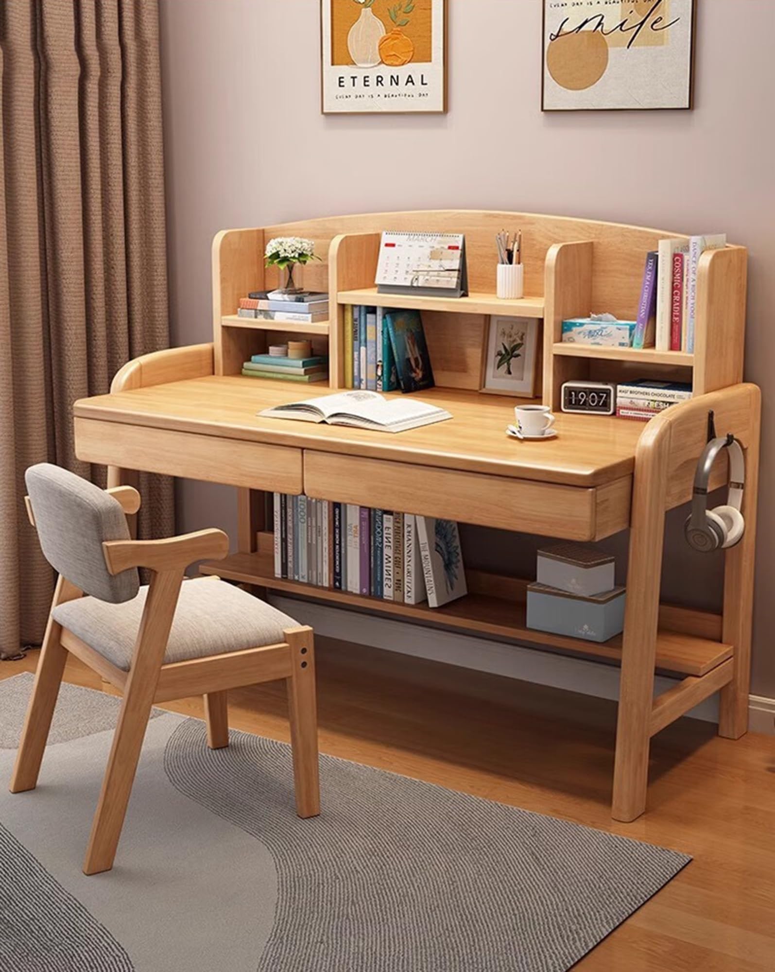 Solid Wood Kids Desk with Drawers & Bookshelf - Adjustable Height Study Desk for All Ages, Learning Computer Workstation Writing Table with Hooks - Perfect for Home Office, School & Online Classes (Log Color with Chair)