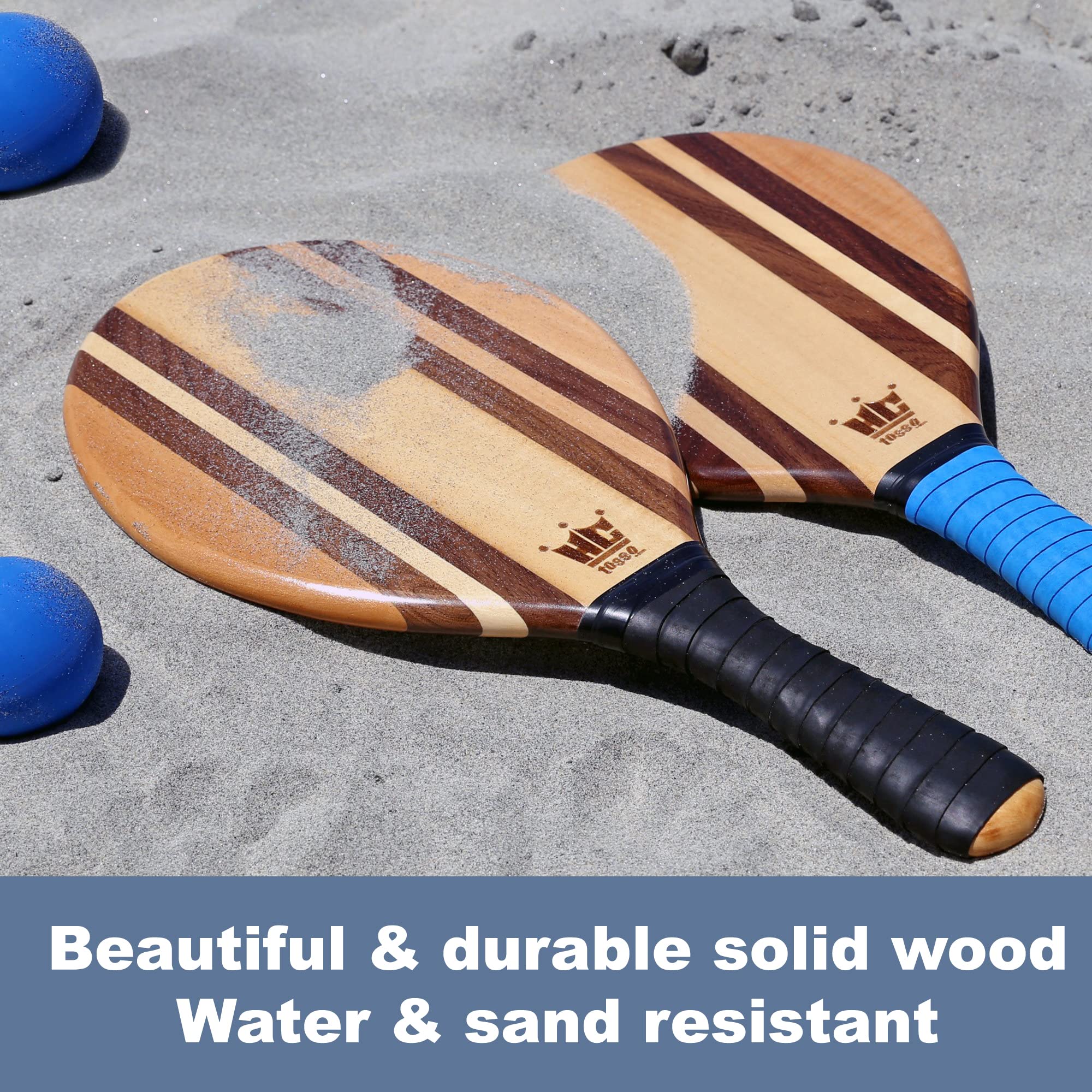 Premium Frescobol Paddle Ball Set - 2 Wooden Paddles, 2 Rubber Balls & Canvas Carry Bag for Beach, Backyard & Outdoor Games - Classic Striped Design for Summer Fun