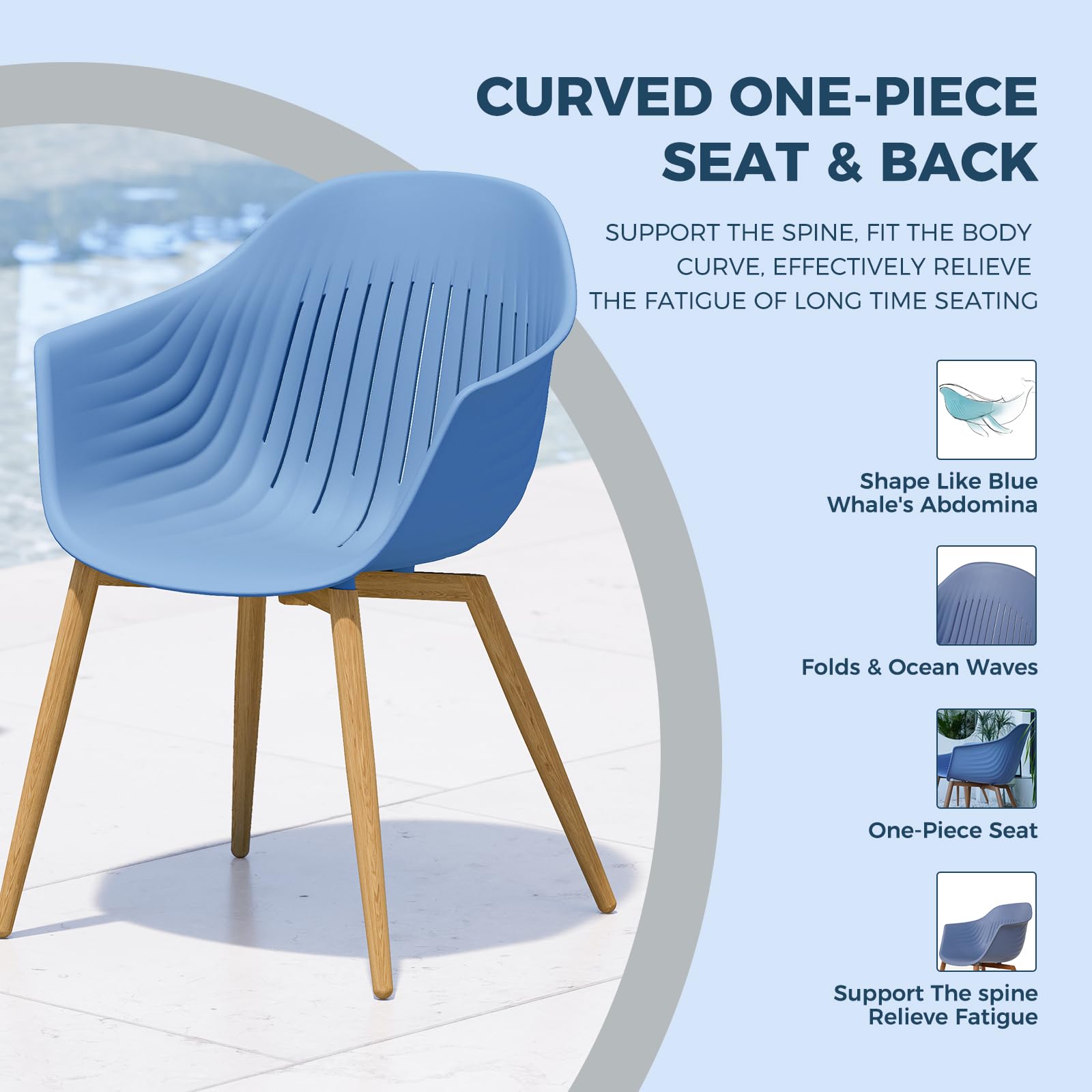 Modern Outdoor Dining Chairs Set of 2 - Recycled Plastic Patio Chairs with Rust-Free Metal Frame & Woodgrain Legs - Whale Design for Backyard, Garden, Poolside or Restaurant Use (Blue)