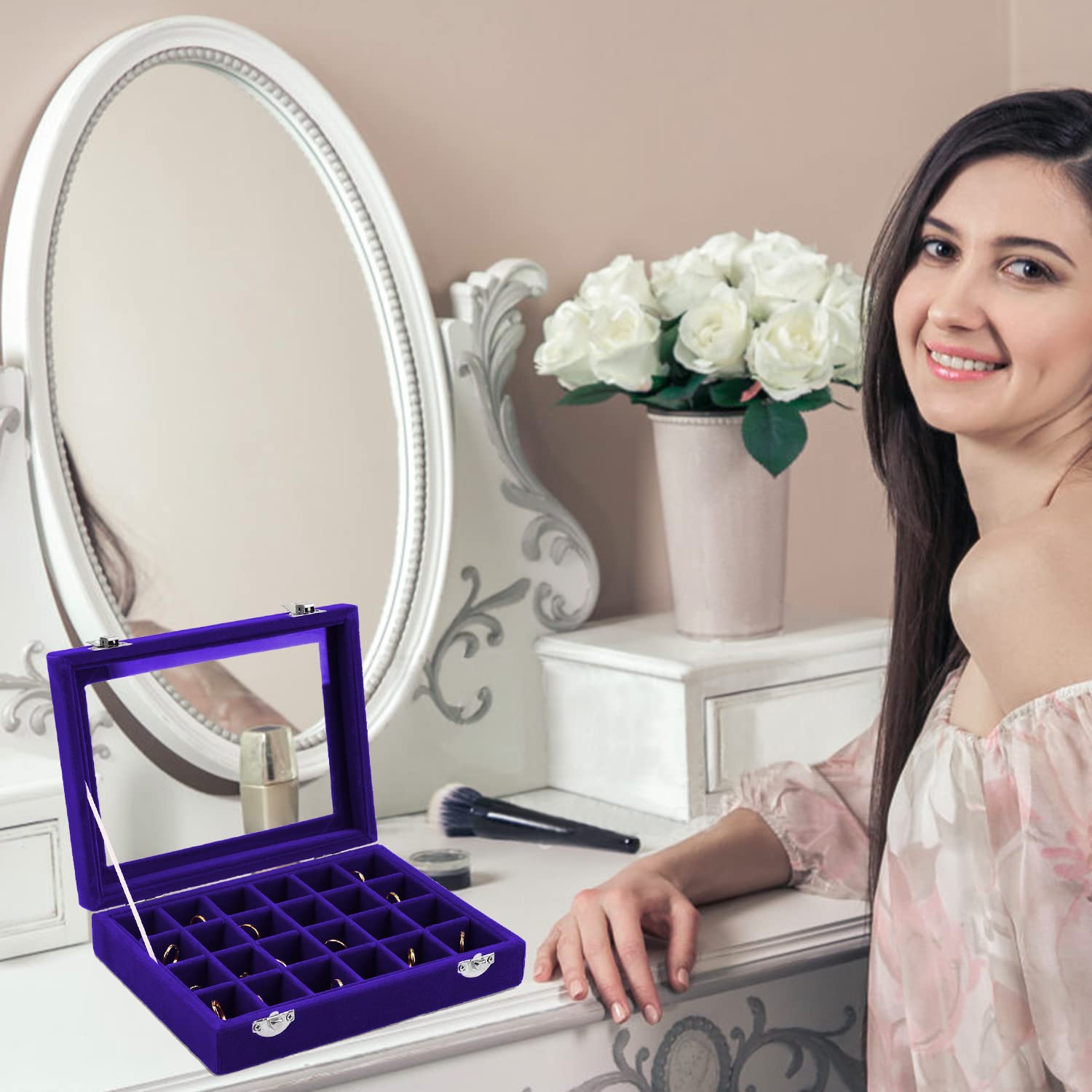 Lainrrew 24-Slot Velvet Jewelry Organizer Box - Premium Ring & Earring Display Case for Women | Jewelry Storage Tray for Necklaces, Bracelets & Accessories | Perfect for Bedroom Vanity, Travel & Gift (Blue)