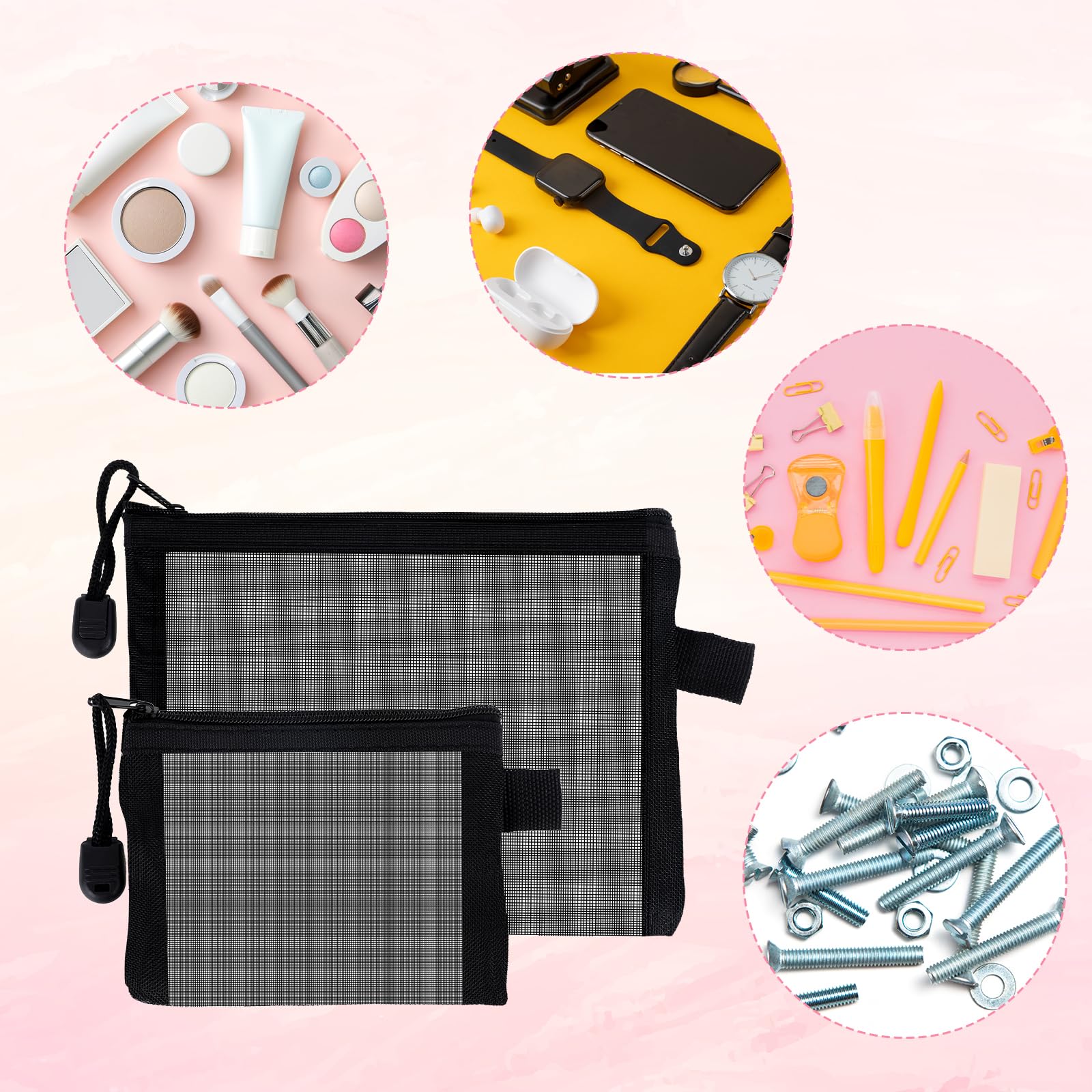 4 Pack Black Mesh Pencil Pouches with Zipper - Nylon Cosmetic & Makeup Bags, Toiletries Organizer for Diapers, Office Supplies, Travel Essentials - Perfect for Home, School, Work & Travel Organization