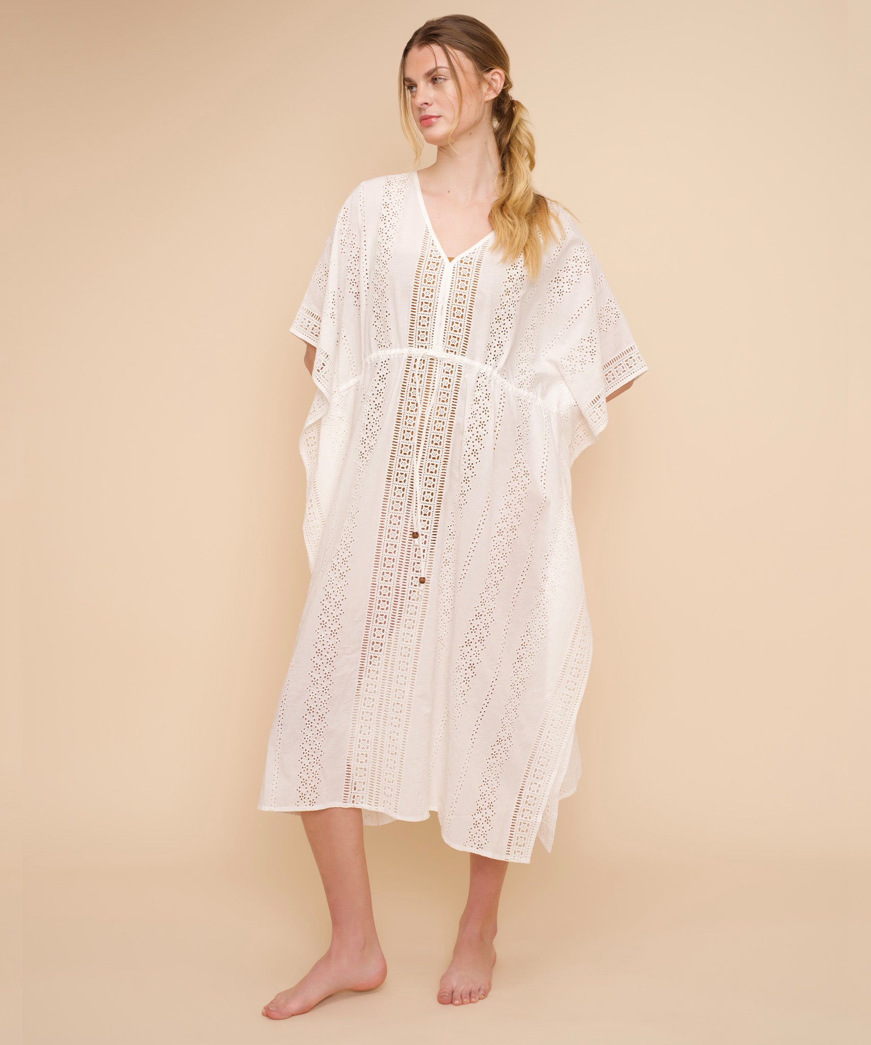 Elegant Eyelet Butterfly Maxi Caftan Dress for Women - Flowy Boho Summer Beach Cover Up & Vacation Outfit