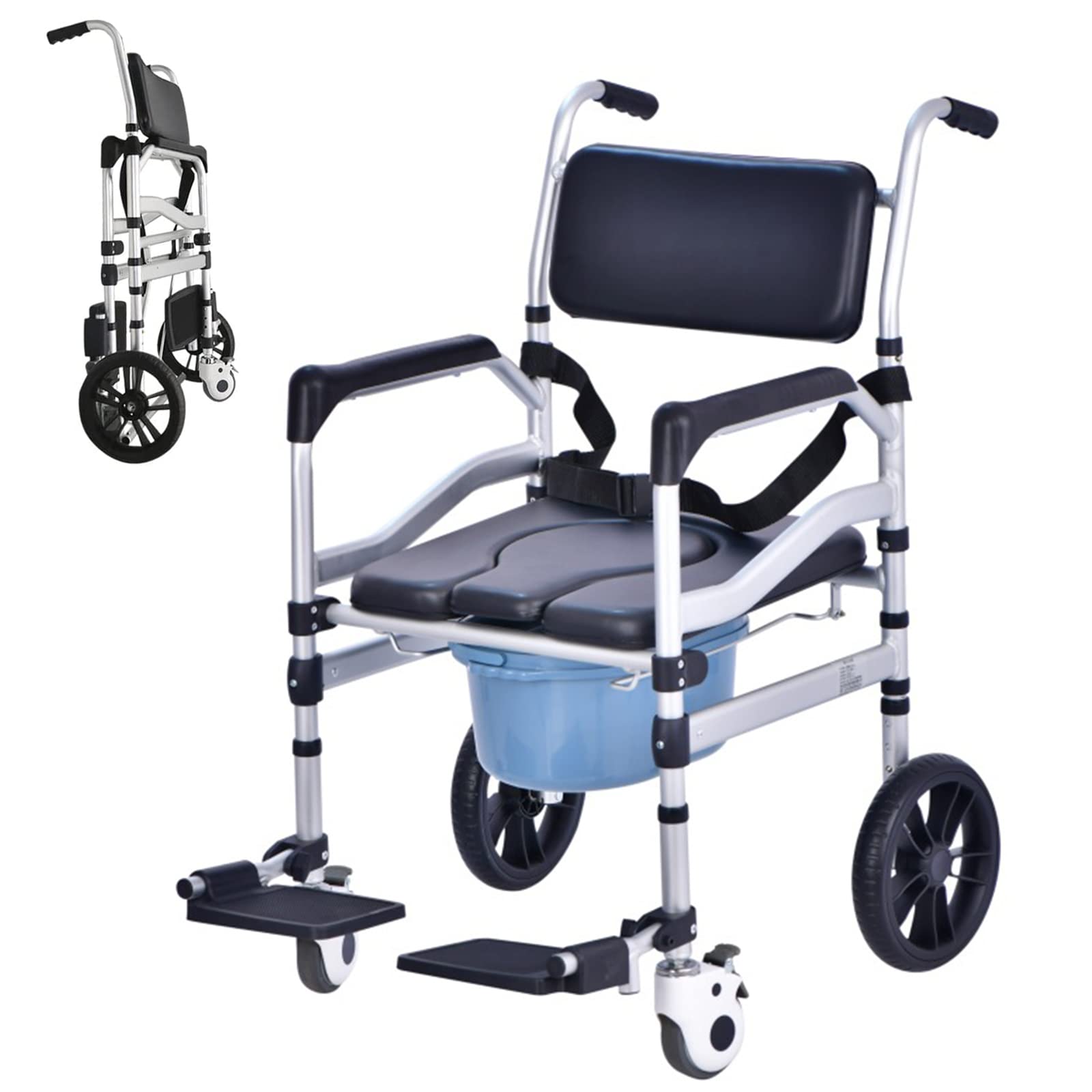 **Foldable Aluminum Alloy Shower Chair with Wheels – 4-in-1 Adjustable Height Rolling Shower Wheelchair for Seniors – Sturdy Commode Seat with Large Basin – Ideal for Elderly Bathroom Safety & Mobility (Black)**    *(Use Case: Perfect for seniors, disabled individuals, or post-surgery recovery, providing safe bathing and easy mobility in bathrooms.)*